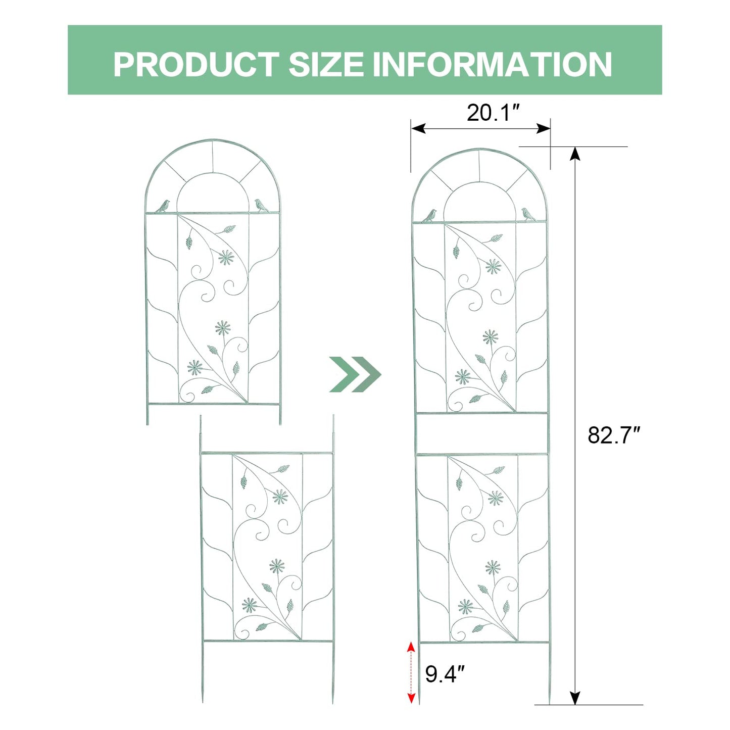Sungmor Large Metal Garden Trellises for Climbing Plants - 82.5 Inch Tall & 2PC Green Pack - Beautiful Retro Style Metal Fence Trellis - Gardening Vines Plant Support for Flower Rose Climbing