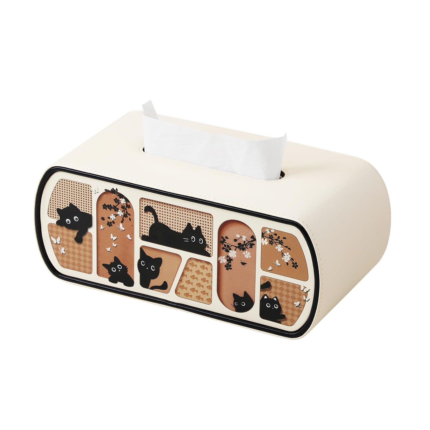 MEIBOOCH Cat-Themed Tissue Box Cover with Curved Edge, Rectangle Tissue Box Holder for up to 4 Inches High Boxes (Beige)