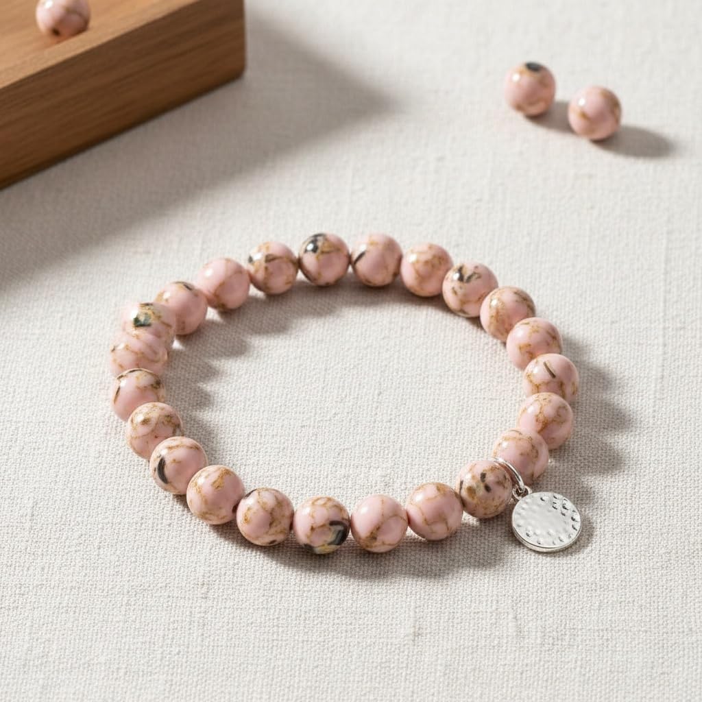 Yochus 45pcs Pink Shell Turquoise Beads，8mm Natural Stone Round Loose Beads for Jewelry Making Earring Necklace DIY Crafts