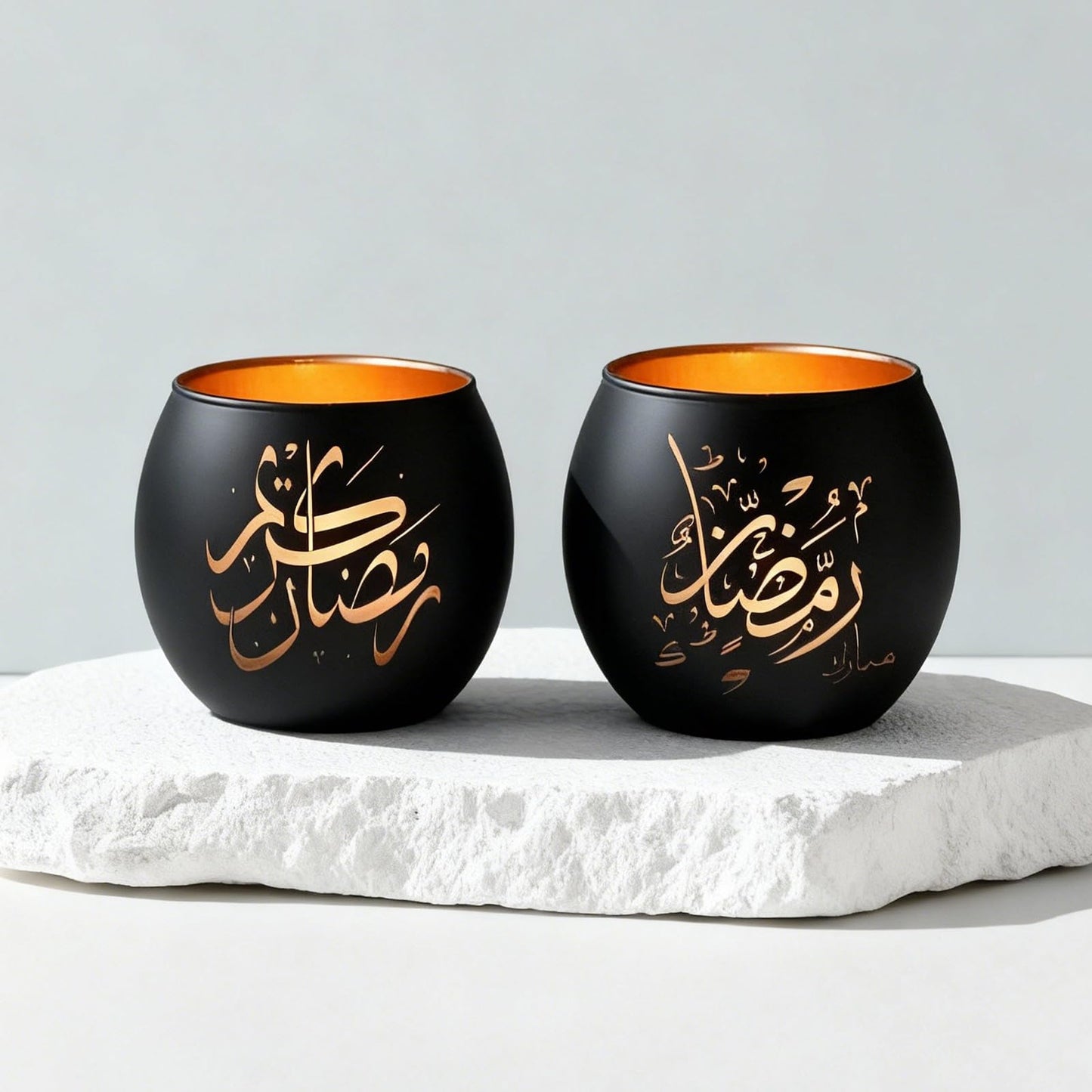 Eid Mubarak Decorations Indoor, Arabic Calligraphy 4 Pcs Laser Etched Glass Tealight Candle Holders, Ramadan Kareem & Ramadan Mubarak Votive Holders for Table Decor, Islamic Gifts