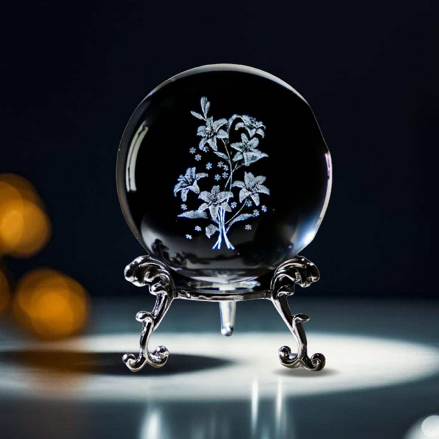 2.36in 3D Laser Engraved Flower Crystal Ball with Base Glass Sphere Ornament Paperweight for Desktop Display Shelf or Ambient Decor