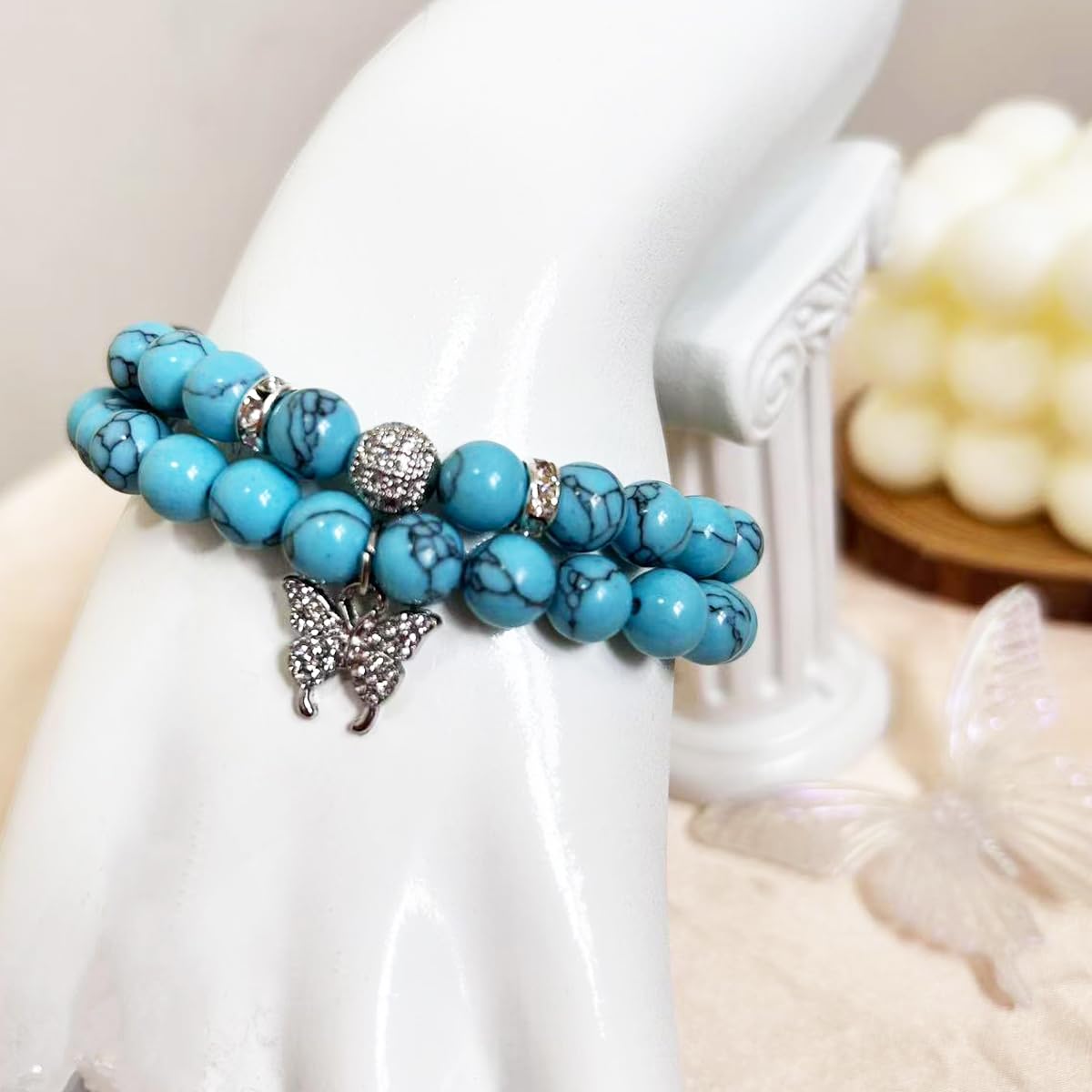 SNXPPFDC Crystal Bracelet - Healing Turquoise Bracelet - Butterfly Bracelets for Women - 8mm Natural Stone Beads Chakra Bracelets Couple Bracelets Friendship Bracelet (Turquoise, Butterfly)