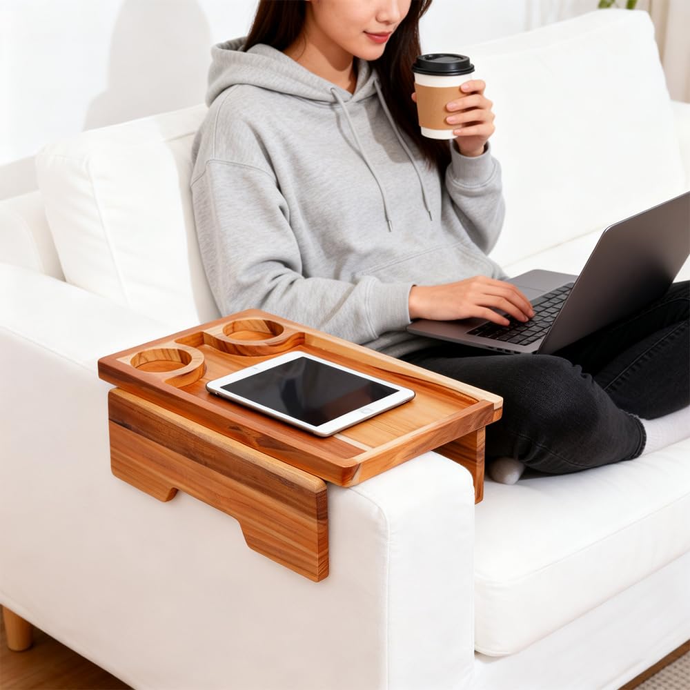Dynamic-top 15.35" x 10.24" Teak Wood Couch Arm Tray, Sofa Armrest Table with Dual Cup Holders, Clip-on Tray for Wide Couch - Side Table for Eating & Drink, Snack, Phone, Remote