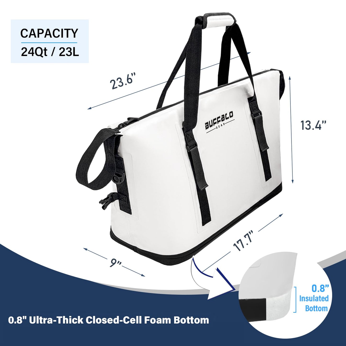 Buffalo Gear Fish Cooler Bag – 24Qt Seamless Insulation Kill Bag, Keeps Ice Cold Up to 36 Hours, Foldable & Waterproof with Rod Attachment Straps & Gear Loops, White
