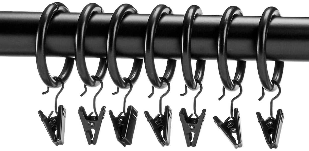 Amazon Basics Curtain Rings with Clips for Hanging Drapes, Drapery Rings for 1" Rod, Set of 7, Black
