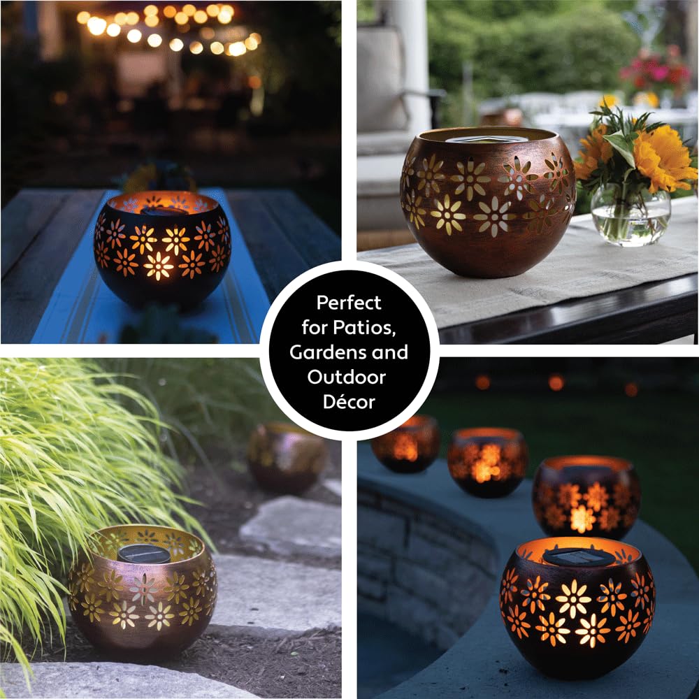 Solar Fire Bowl (1-Pack) Outdoor Waterproof Solar Lanterns - Metal Porch Lights with Flickering Flame for Tabletop, Patio, Garden & Landscape Decor (Bronze/Copper)