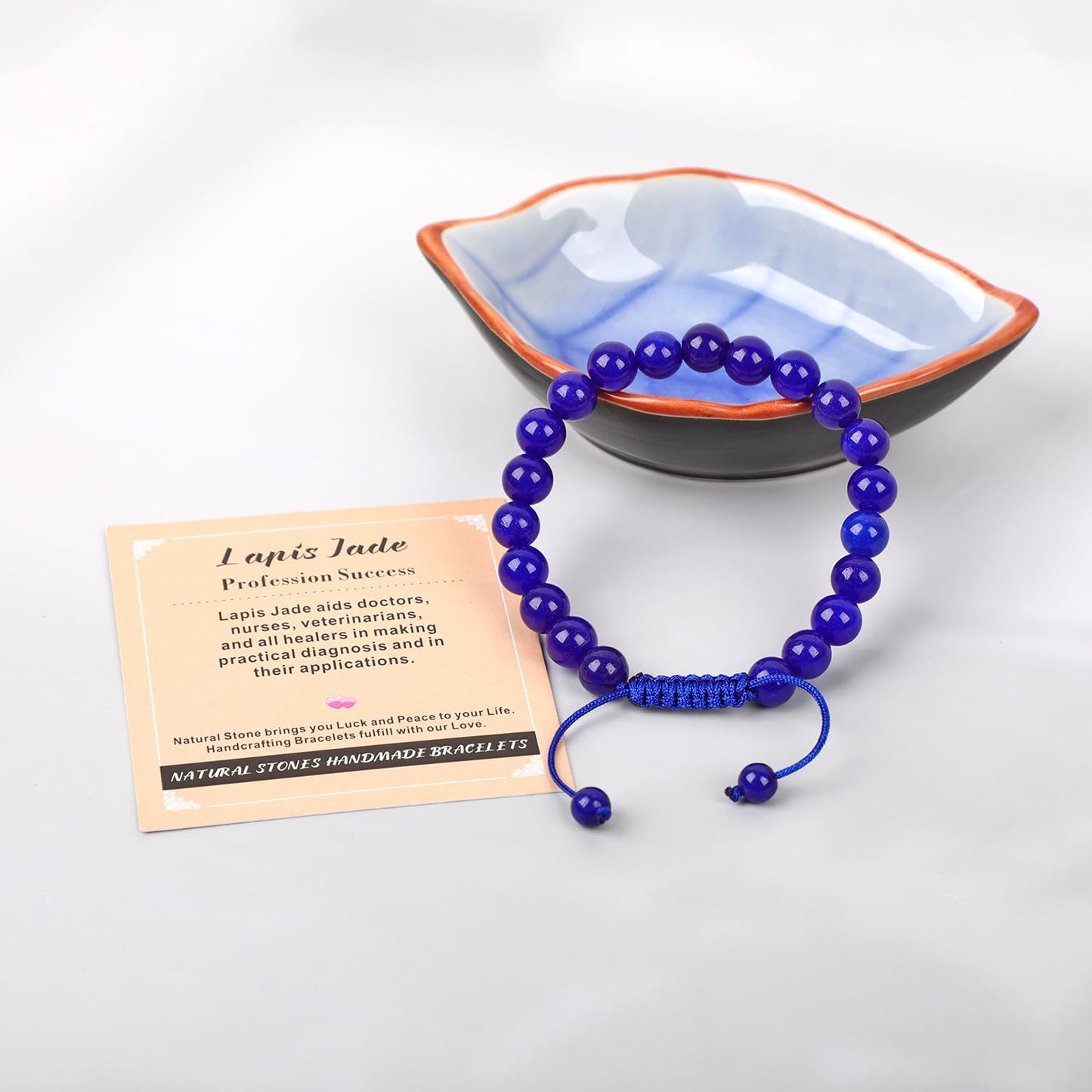AD Beads 8mm Blue Lapis Jade - Profession Success - Handmade Natural Stone Crystal Bracelet with Adjustable Macrame String - Yoga Healing Power Energy Gifts for Men and Women