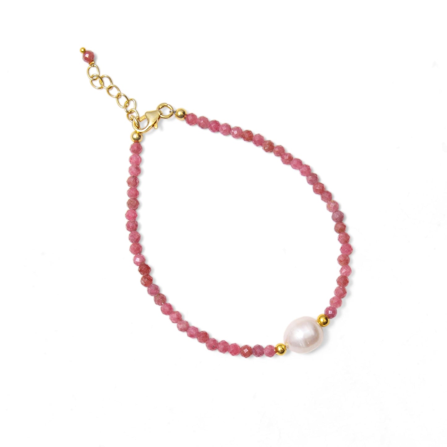 A&M Gems 2.5-3 mm Natural Rhodochrosite Round Faceted Beaded Bracelet with Pearl Crystal Jewelry, Brass Gold Plated Bracelet, 1-Inch Adjustable Chain, Handmade Bracelet, 7-Inch, Gifts for Women