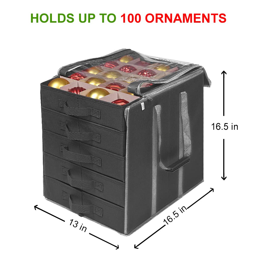 ProPik Christmas Ornament Storage Boxes with Dividers - 5 Separate Trays - Ornament Holder - Keeps 100 Holiday Ornaments - Durable Carrying Bag Handles Organizer Storage Box (Black)