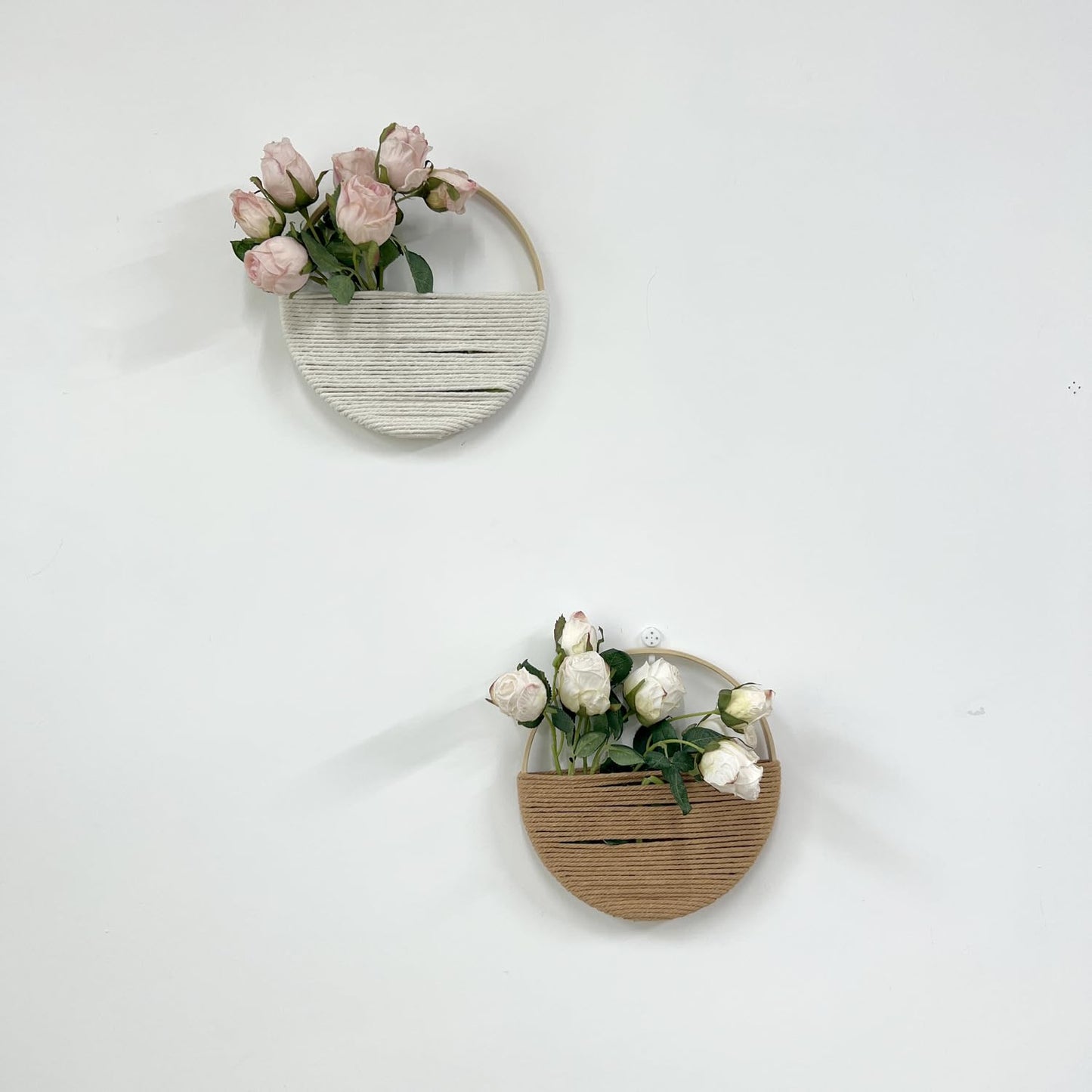 Cilemou 2-Piece 10-inch Round Bamboo Wall Decor with Yarn-Wrapped Half-Circle Design, Rustic Boho Style Wall Hanging for Living Room, Bedroom, Office, and Home Decor