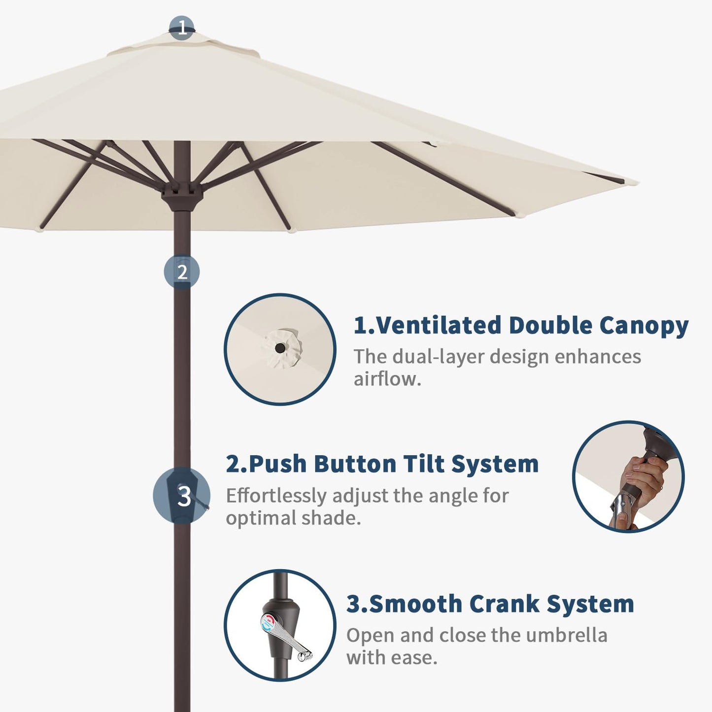 Patio Kingdom 9FT Patio Umbrella Outdoor Table Umbrella w/Push Button Tilt and Crank, 8 Sturdy Ribs, UV Resistant Waterproof Market Umbrella for Pool, Deck, Backyard, Garden, Creamy White