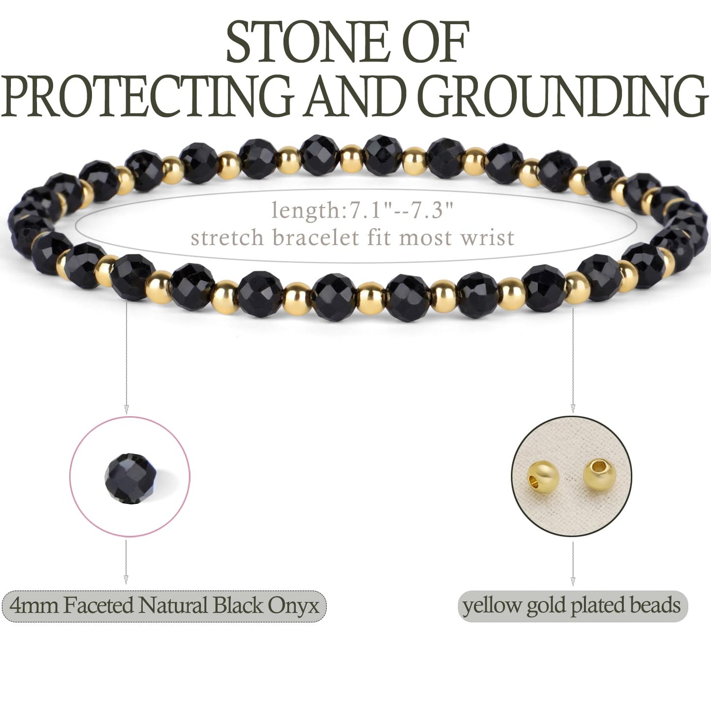 QOGIR Black Onyx - Protecting and Grounding - 14K Gold Plated Beads Natural Gemstone Stretch Elastic Dainty Healing Beaded Bracelets Gifts 4mm