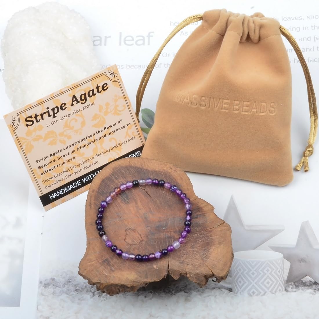 MASSIVE BEADS Stripe Agate - Attraction - Handmade Handmade Yoga Stretch Elastic Bracelet Natural Stone Crystal Healing Power Energy Gifts for Unisex Adult 4mm