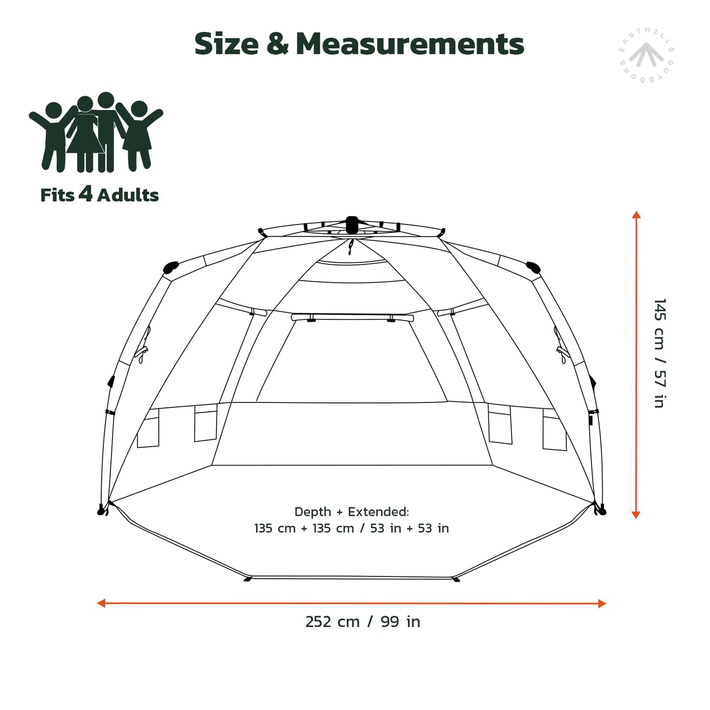 Easthills Outdoors Instant Shader Deluxe XL Beach Tent Easy Up 99" Wide for 4-6 Person Sun Shelter - Extended Zippered Porch Included Beige