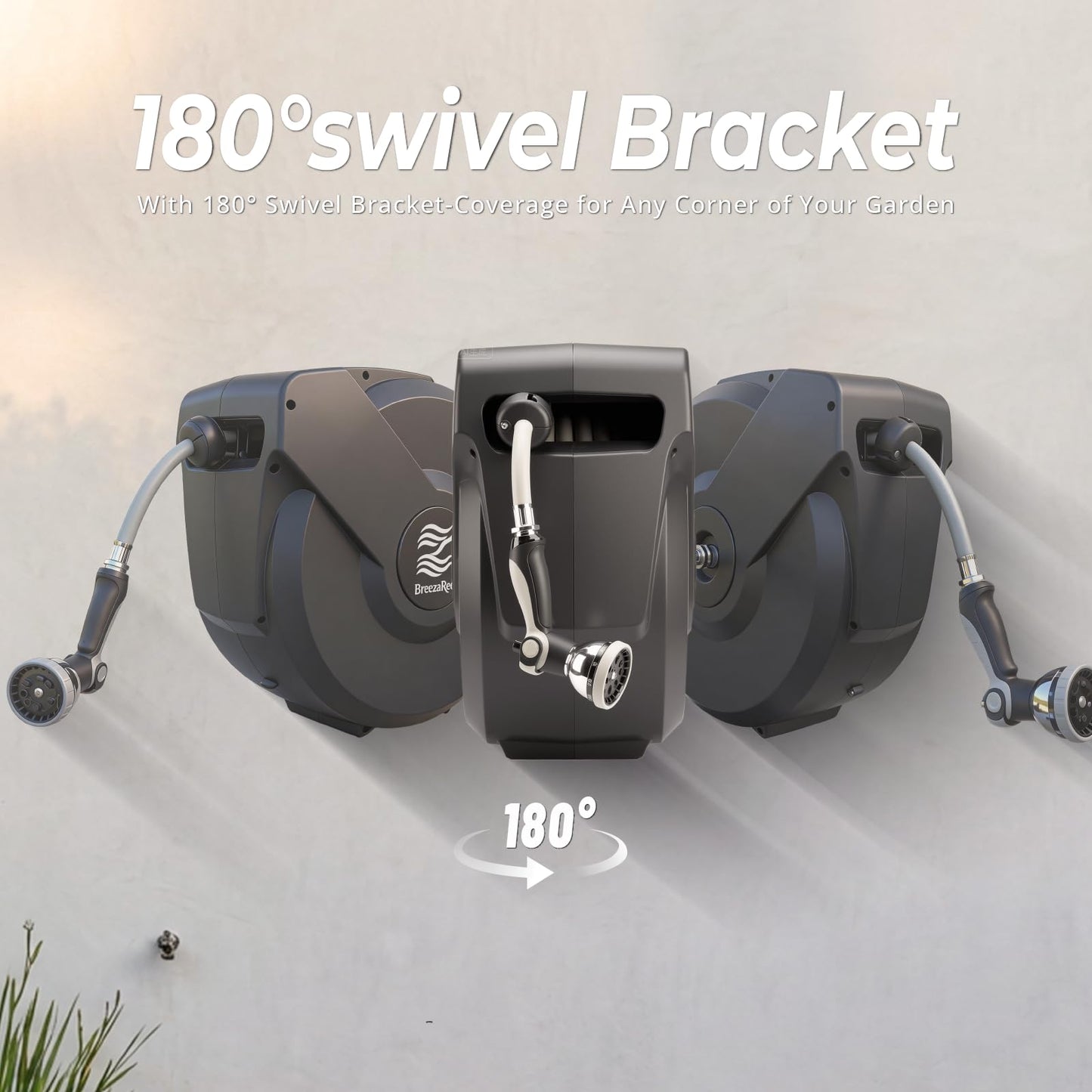 BREEZEREEL Retractable Garden Hose Reel 5/8"x100ft, 3-Ply Reinforced, High-Flow, Any Length Lock, 180° Swivel Bracket, Heavy-Duty Aluminum Mount, Slow Retract, Auto-Layer, 10 Spray Nozzle