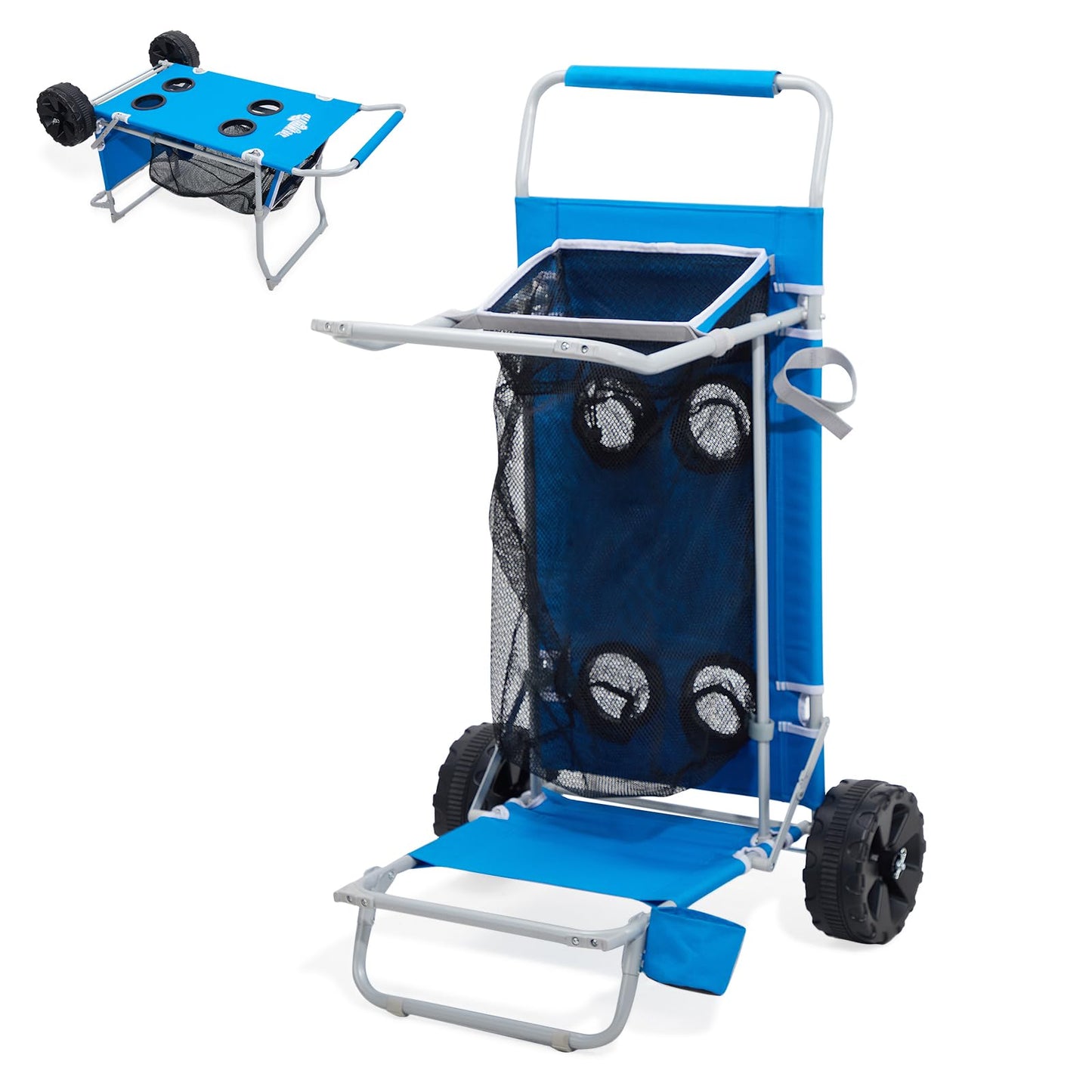 2-in-1 Beach Cart with Big Wheels for Sand, Folding Utility Wagon with Chair Holder, Mesh Storage, 4 Cup Holders, Umbrella Rack, Supports 100 lbs, Compact & Portable for Beach, Camping, Shopping, Blue