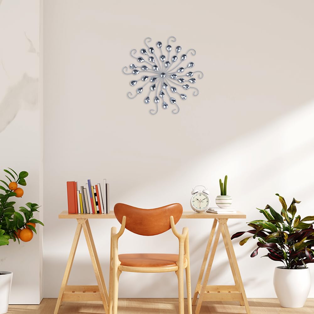 hogardeck Metal Flower Wall Decor, 11" Silver Metal Jeweled Wall Art Bling Crystal Home Décor, Sun Star Burst Rhinestone Wall Hanging Diamond Accents for for Indoor, Outdoor, Living Room, Bedroom