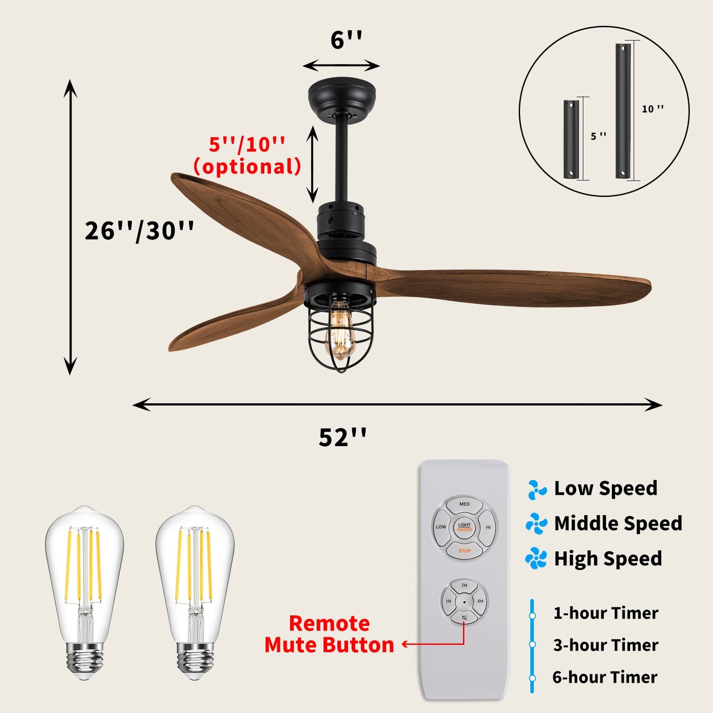 WWM 52 in Farmhouse Outdoor Ceiling Fan with Light, Modern Bedroom Fans with Remote, 3 Wood Blades Industrial Outdoor Ceiling Fans for Patios with Reversible Motor