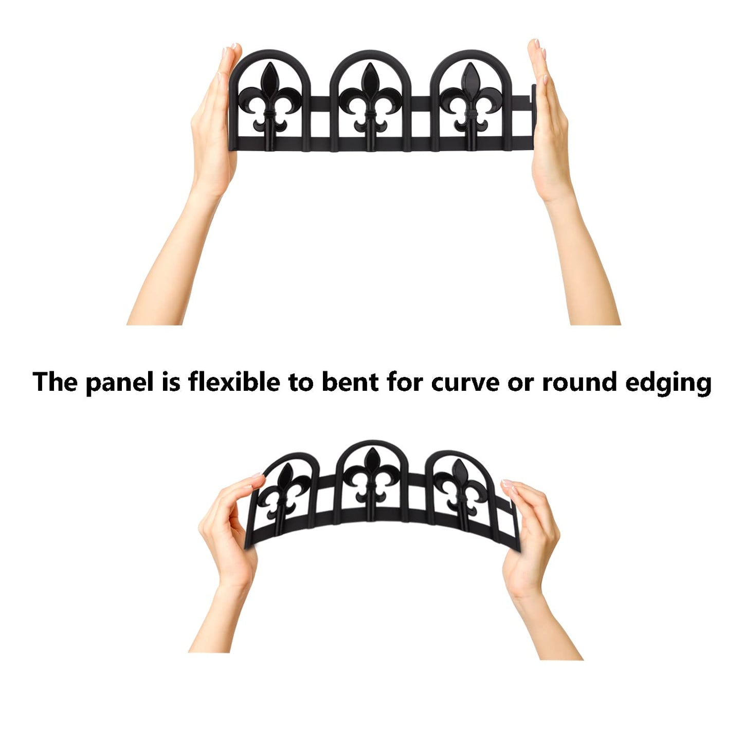 Evelyne Black Garden Border Plastic Edging – PP Plastic, Metal-Free Wrought Iron Look Design, 15pcs Black Yard Landscaping Fence Liner Lawn Edge Barrier, 20ft Kit of Decorative Lawn Landscape Panels