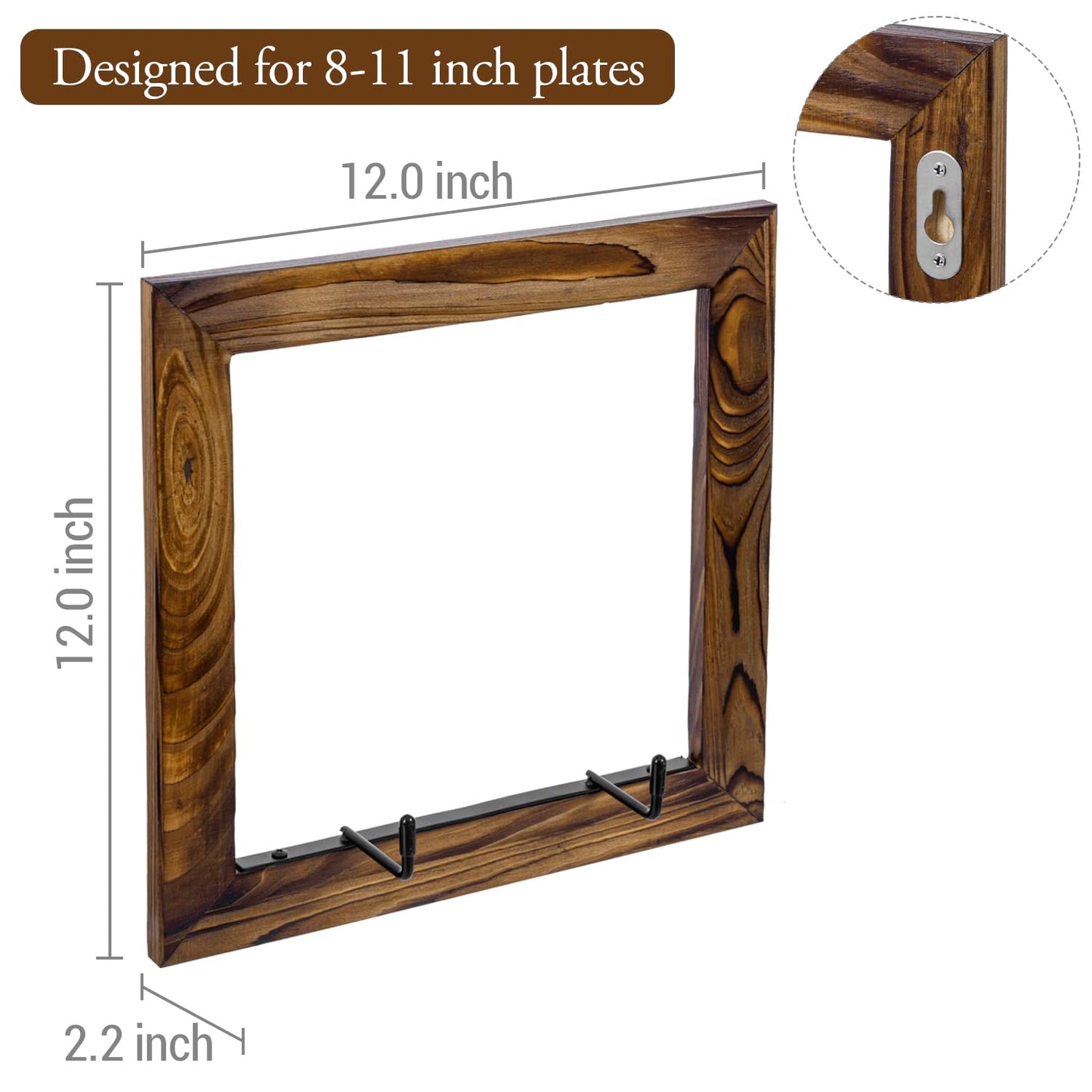 MyGift Set of 2 Wall Mounted Single Plate Holders with Decorative Wooden Frame, Rustic Burnt Solid Wood Display Racks and Black Metal Wire Hanger Hooks for 8 to 11 Inch Plates