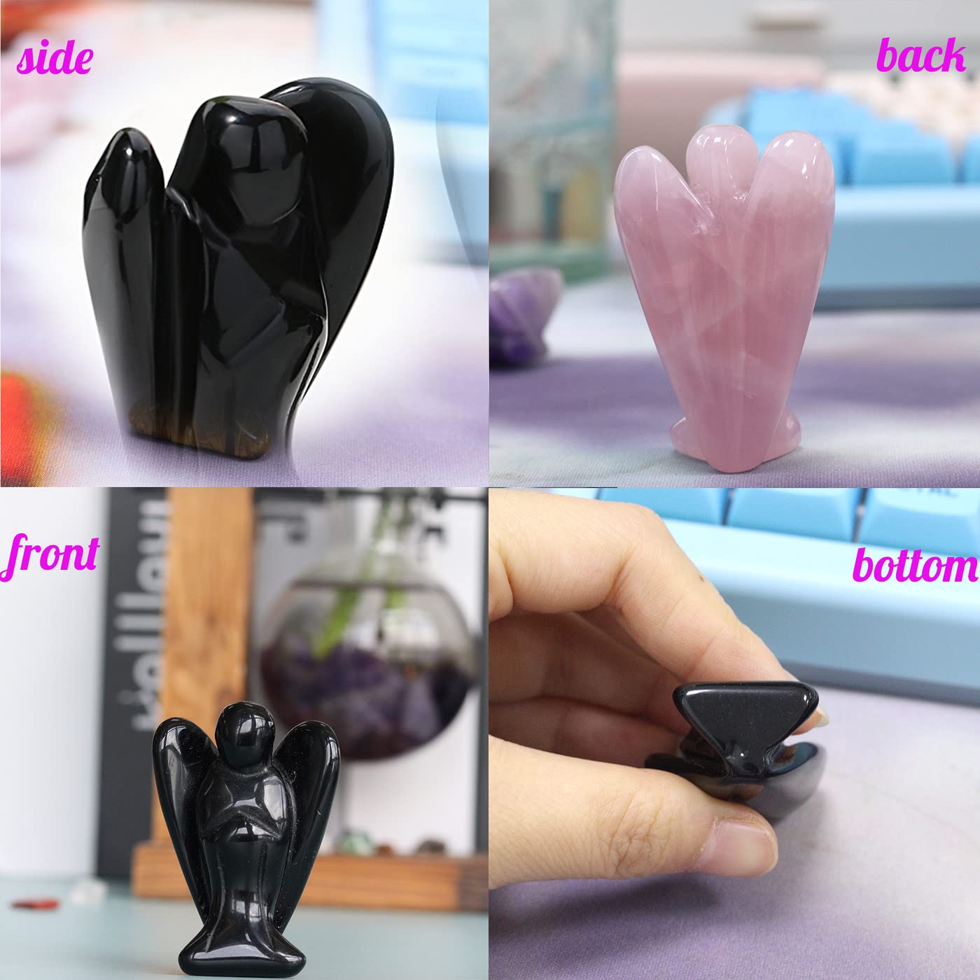 YATOJUZI 2" Black Obsidian Angel Decor Healing Crystals Polished Natural Stone Sculpture Statue Hand Carved Cute Figurines Energy Reiki Home Room Office Desk Decoration Guardian Gifts for Women Men