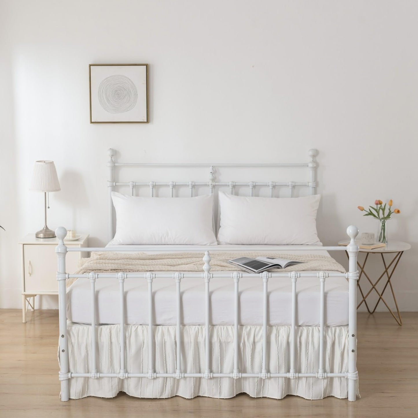 Bed Skirt Queen Size Ruffled Bed Skirts with Split Corners, 14 Inch Drop Dust Ruffle Bed Skirt with Platform, Tufted Boho Bed Skirting Queen Size, Striped, Ivory, 14" Queen