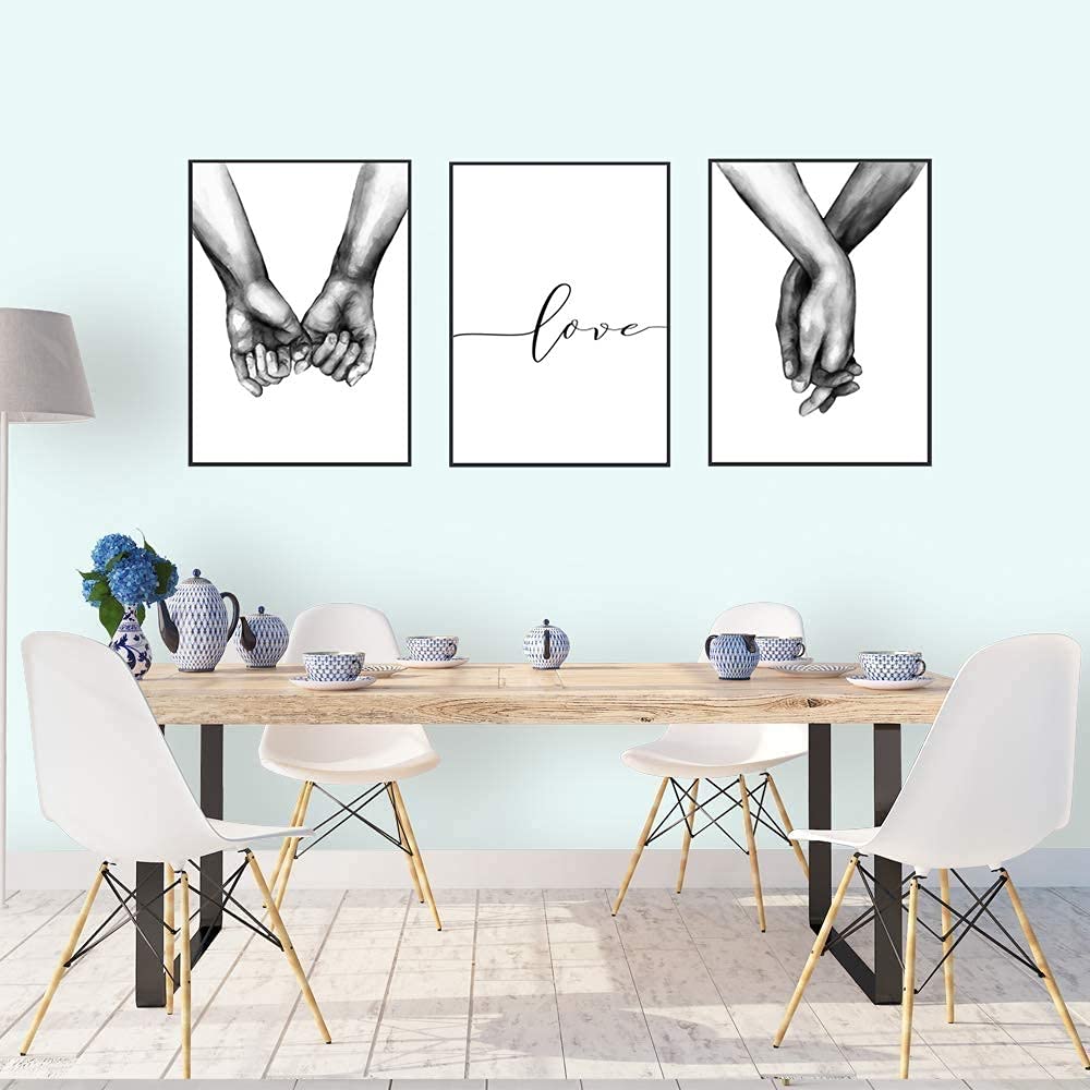 Kiddale 16"x20" Love and Hand in Hand Wall Art Canvas Print Poster,Simple Fashion Black and White Couples Sketch Art Line Drawing Decor for Home Living Room Bedroom Office(Set of 3 Unframed)