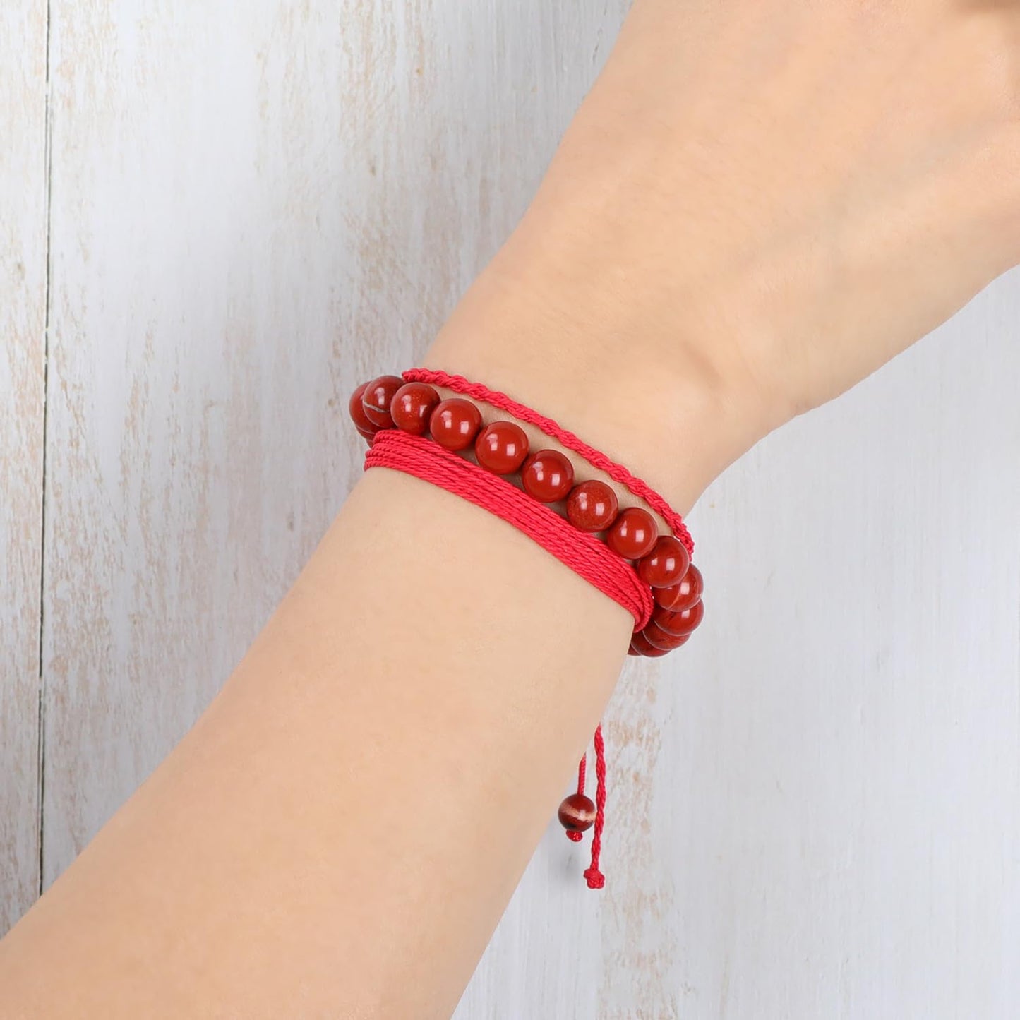 QOGIR Handmade Healing Bracelet,8mm Natural Red Jasper Gem Stone Beads Bracelet Gifts for Men Women with 2PCS Size Adjustable Rope Bracelets