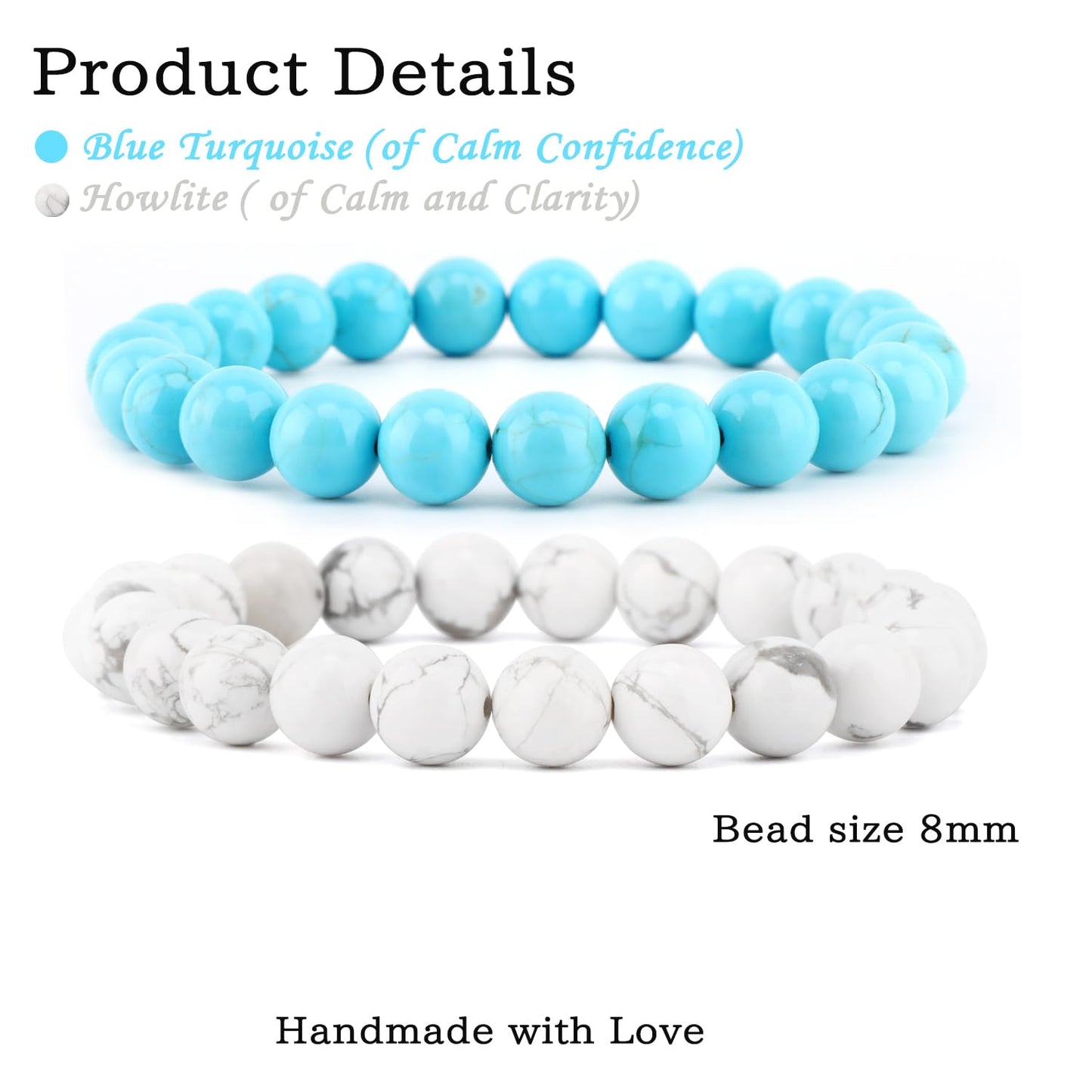 NCB 2-Piece 8mm Natural Crystal Gemstone Stretch Bracelets – ﻿Blue Turquoise, Howlite Handmade Reiki Energy Healing Jewelry for Meditation,Yoga, Unisex