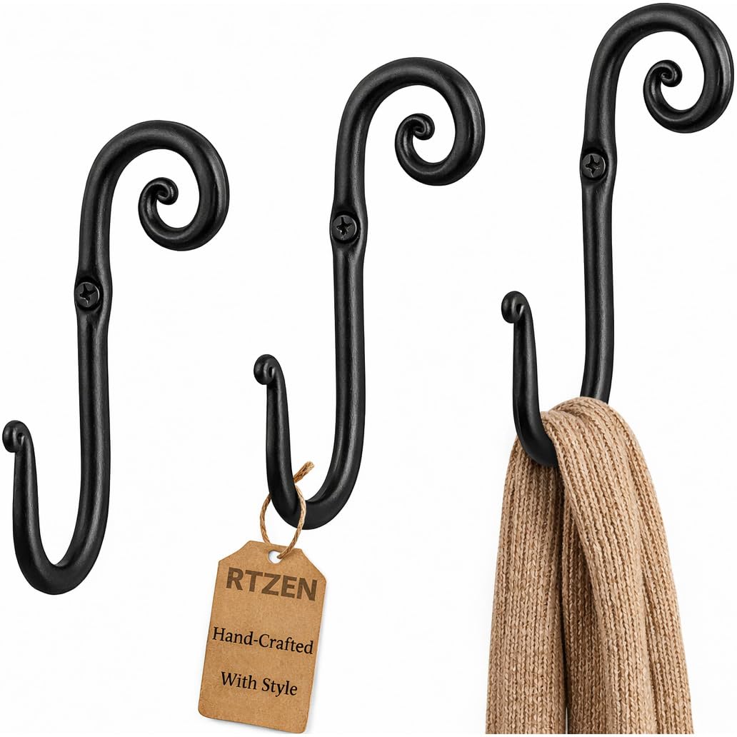 RTZEN Wall Mount Hook Set - Wrought Iron Decorative Rustic Metal Coat Hooks for Hanging - Handcrafted Classic Farmhouse Wall Mounted Black Hooks for Towel Robe or Hat Hanging - 3 Pack