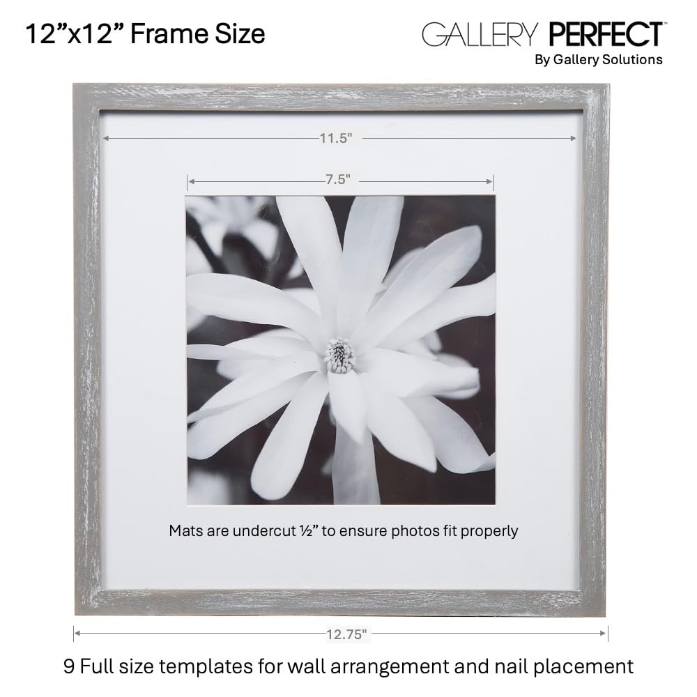 GALLERY PERFECT 12x12 Picture Frames, 9 Piece Set with Real Glass Cover for 8x8 Photos With Mat, Picture Frames Collage Wall Decor for Gallery Wall, Home Decor, Grey