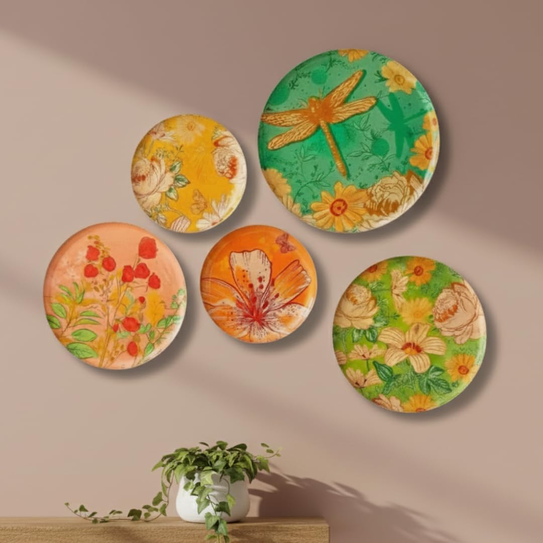 RITUALISTIC Pastel Blooms Iron Wall Art Plates – Set of 5 Decorative Plates | Floral & Nature-Inspired Metal Wall Decor | Soft-Toned Wall Hanging for Living Room, Bedroom & Valentine's day gifts