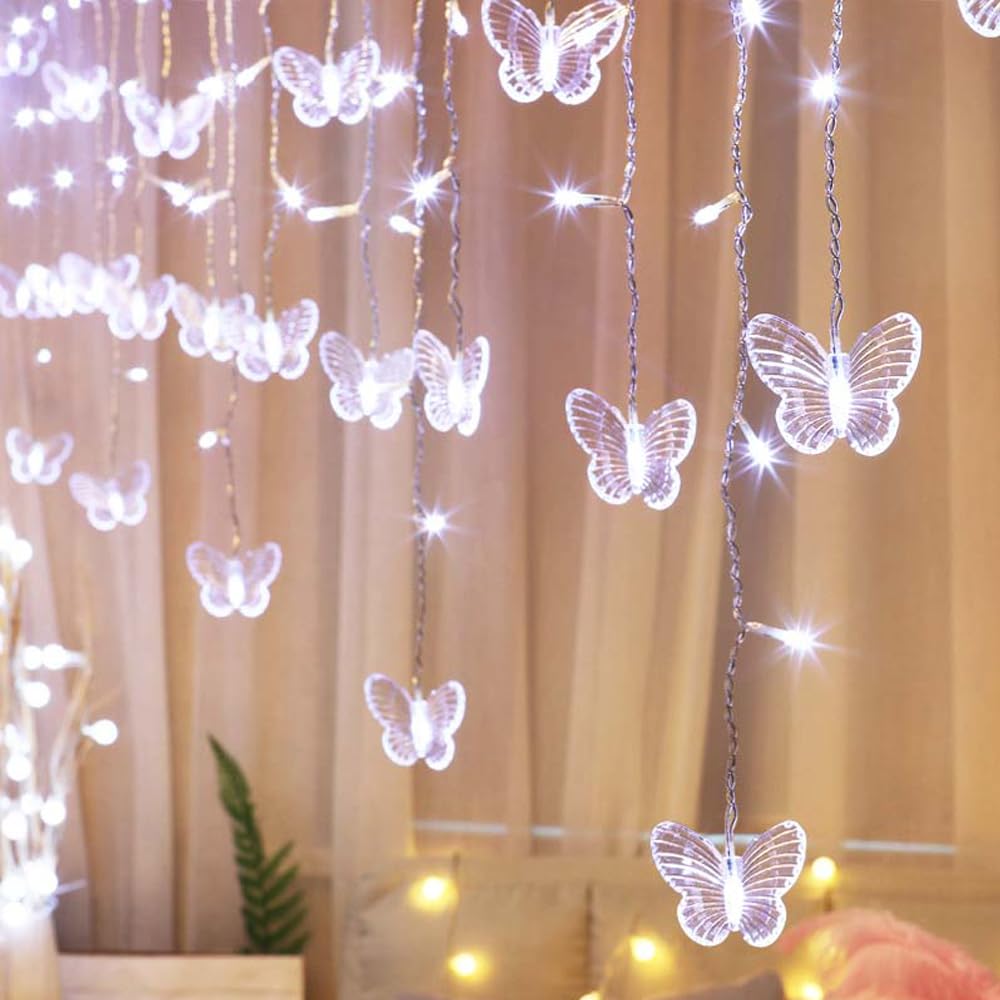 Lainin 12ft/3.5M USB Powered 8 Modes Butterfly Curtain Night Light Strip Icicle Fairy String Light, Perfect for Room Garden Wall Christmas Wedding Indoor/Outdoor Party Decoration (White)