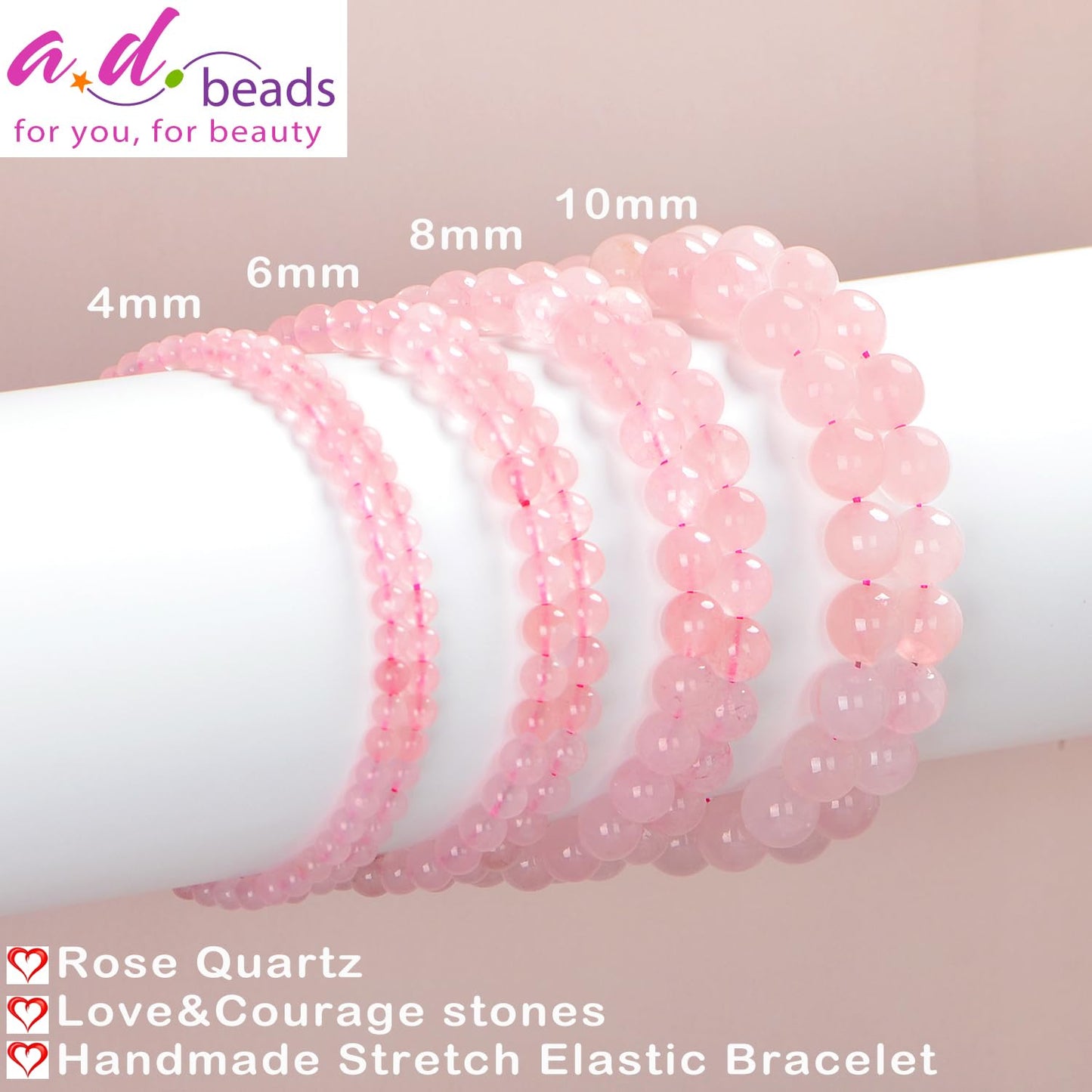AD Beads Handmade Gemstone Stretch Elastic Bracelet Crystal Healing Reiki Nature's Beauty and Spiritual Essence Unisex (10mm, Rose Quartz)