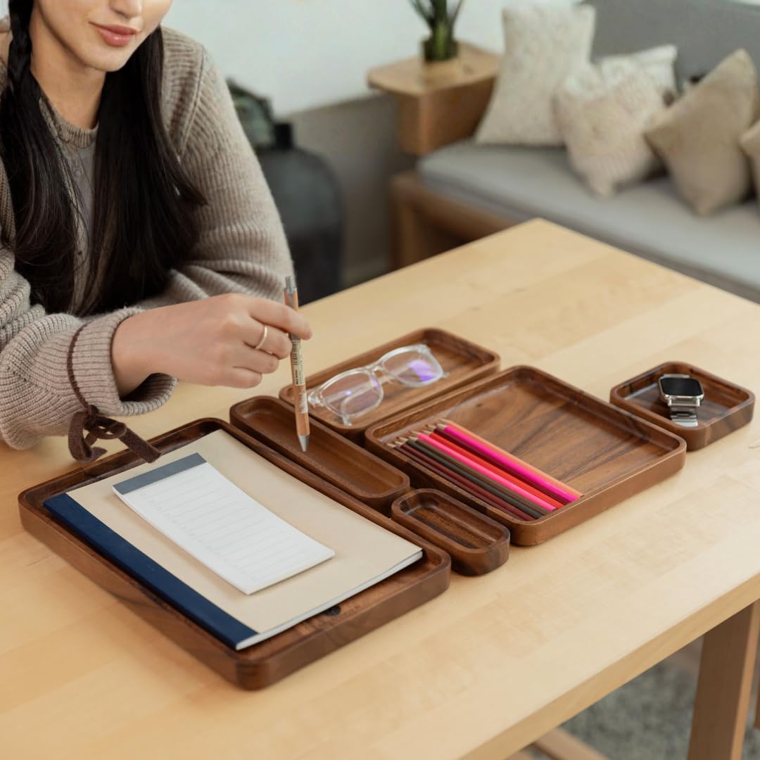 Premium Wooden Stackable Modular Desk Organizer Tray: Set of 6-Pieces Nested Acacia Wood Storage Trays for Office, Kitchen, and Home Organization in Contemporary Style