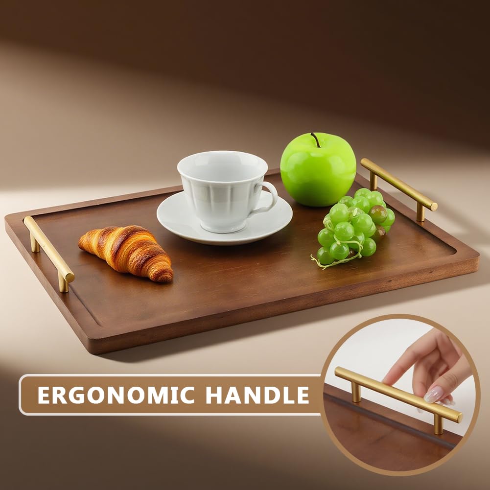 Wooden Serving Tray, 17x12In Wooden Food Drinks Tray with Metal Handles for Coffee Table, Breakfast, Dinner & Bar, Rustic Decorative Ottoman Tray for Kitchen, Parties