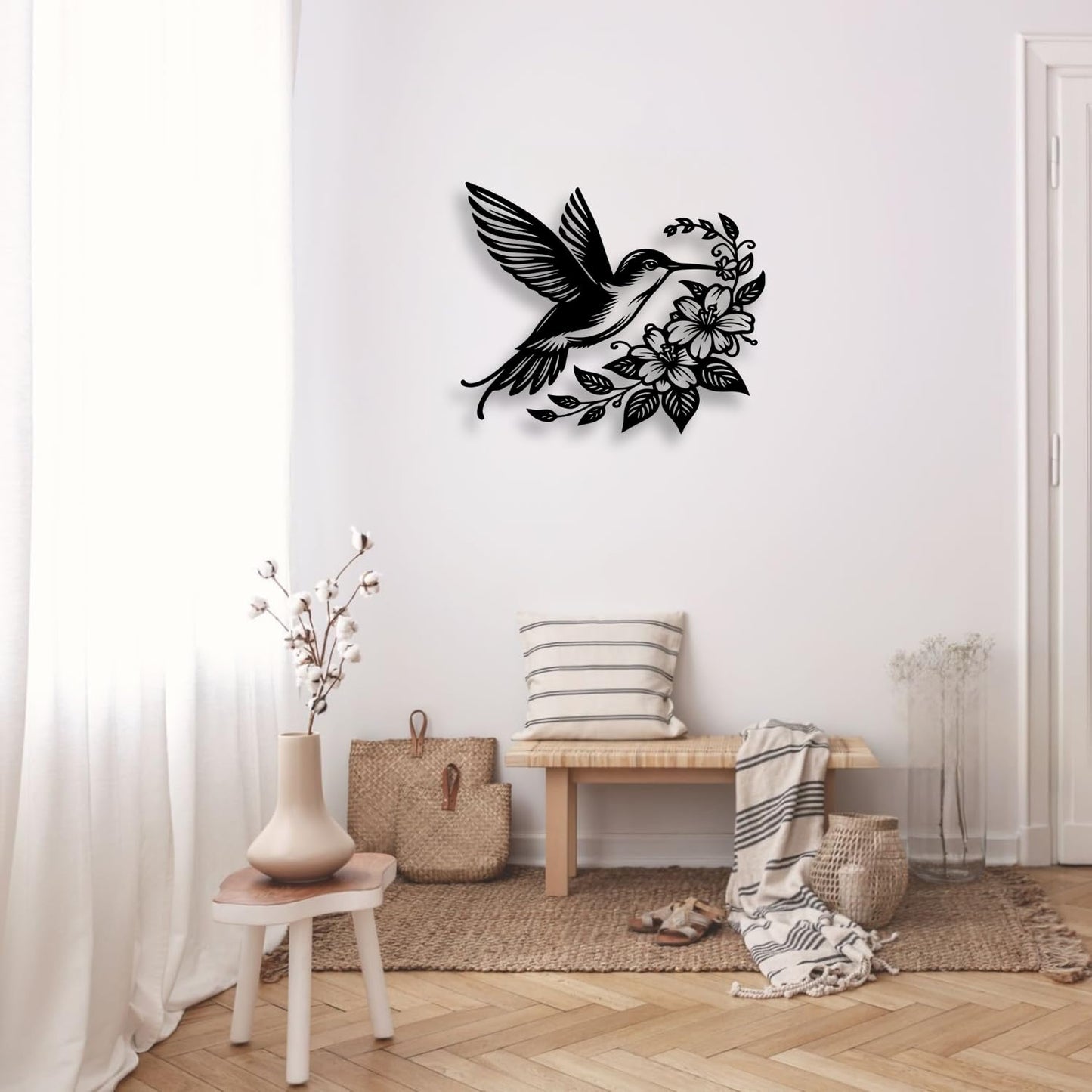 LIYOUYA Hummingbird Flower Metal Wall Decor - Rustic Farmhouse Room Decor Black Wall Art Home Decor for Living Room, Dining Room, Courtyard (Black)