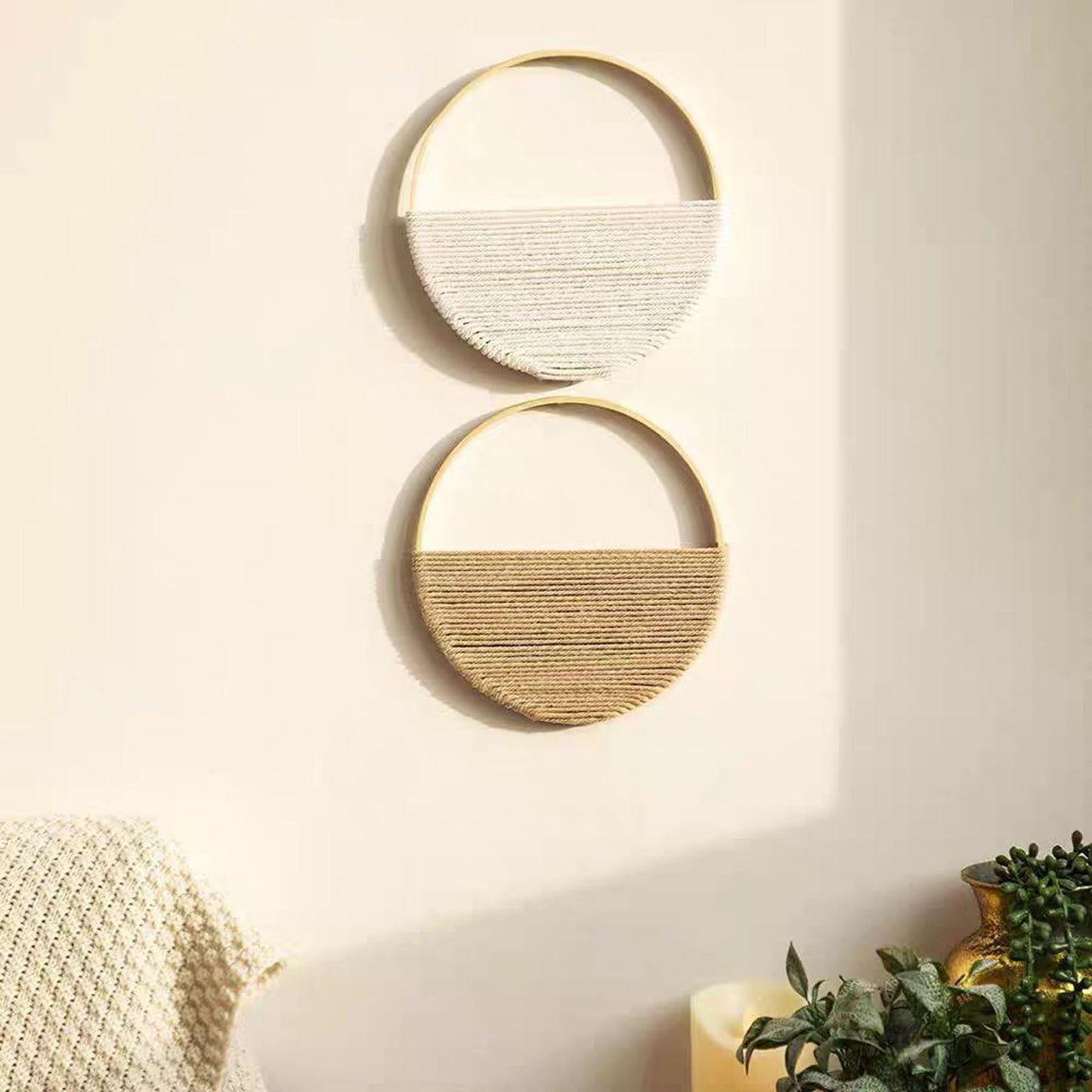 Cilemou 2-Piece 10-inch Round Bamboo Wall Decor with Yarn-Wrapped Half-Circle Design, Rustic Boho Style Wall Hanging for Living Room, Bedroom, Office, and Home Decor
