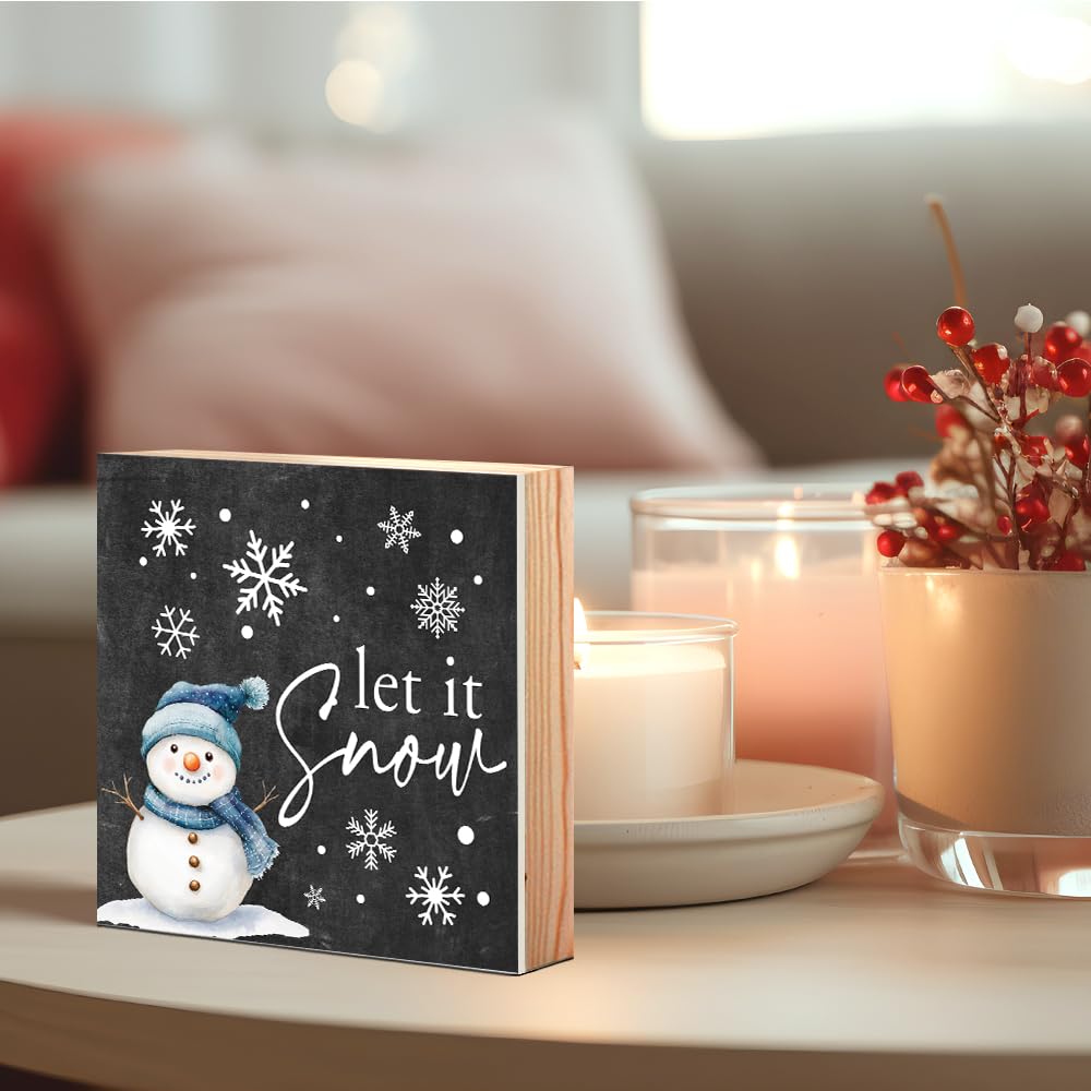 Vgrti Let It Snow Wooden Box Sign, Cute Winter Snowman Desk Sign for Holiday Farmhouse Shelf, Xmas Birthday Gifts for Women Men Friends Sisters Family BFF Snowman Lovers Colleagues