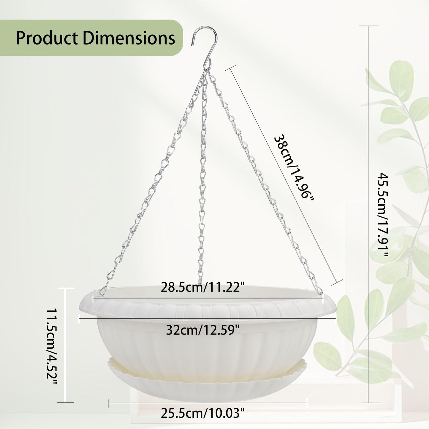 summer flower 3 Pack Large Hanging Planters 12.59in Plastic Plant Pots with Drainage Holes & Trays for Indoor Outdoor Garden Wall Window Decor (White)