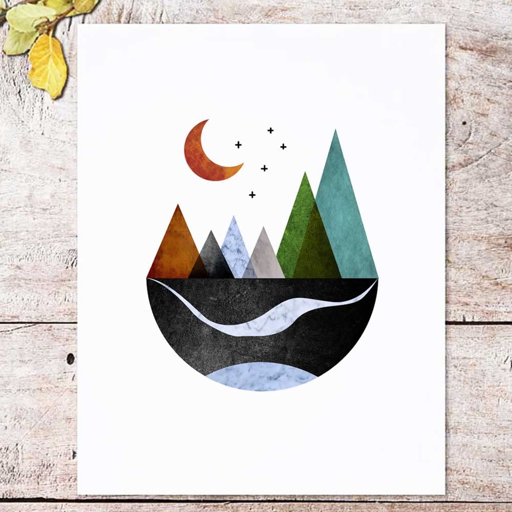 Scandinavian Mountain Wall Art Set of 2, Nordic Geometric Landscape Prints, Minimalist Abstract Poster for Living Room Bedroom Office Decor, Boho Scandi Wall Decor, Unframed 11x14 Inch