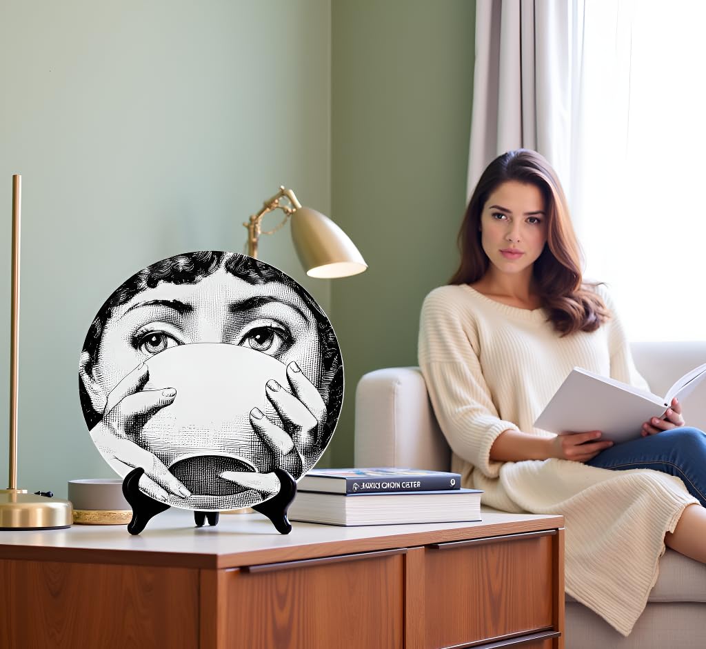 AlphaDesignLuxe 10" Italian-Style Decorative Plate – Modern Art Face Design, Handcrafted Ceramic Platter for Tabletop or Wall Display (Tea Cup)