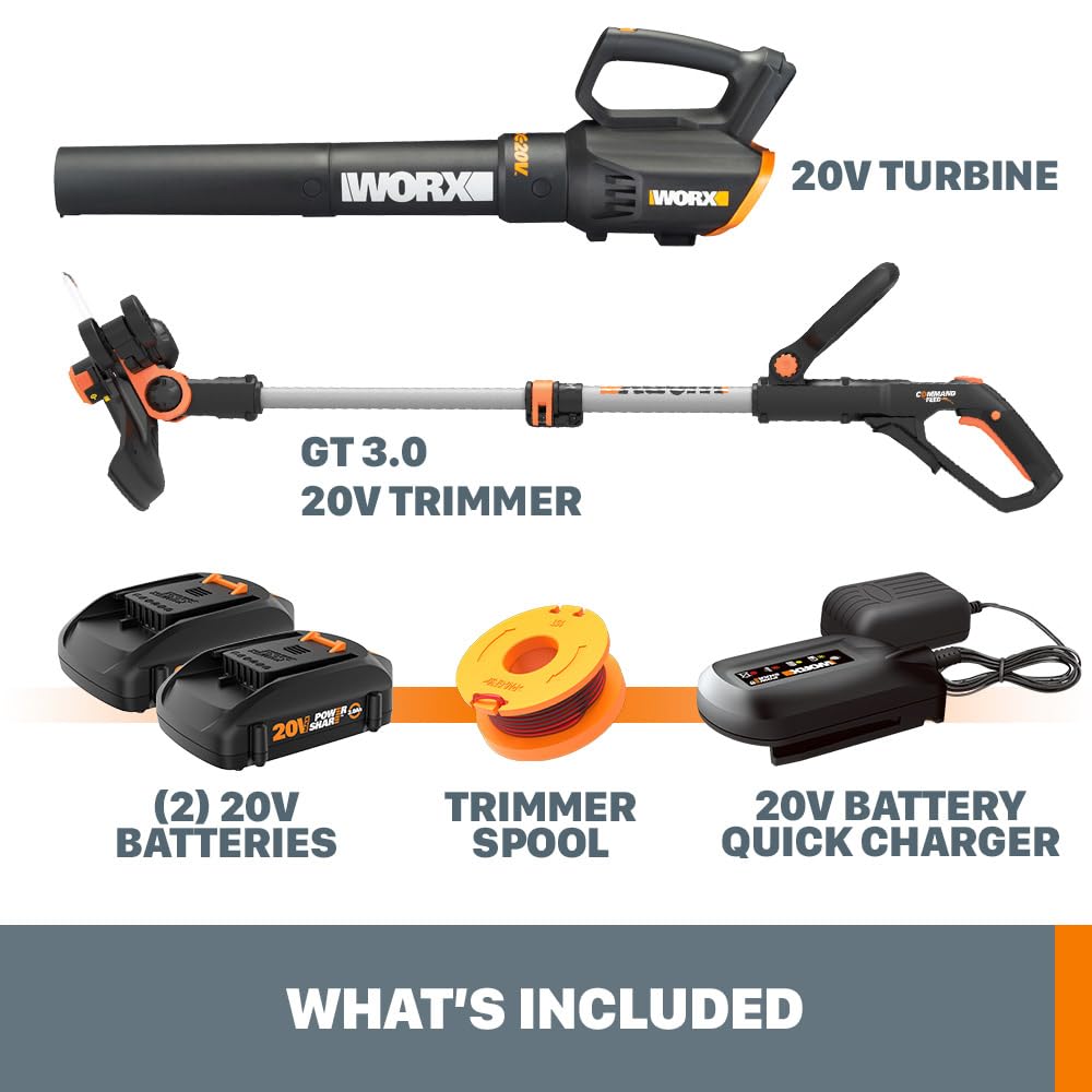 WORX 20V 12'' Cordless String Trimmer & 360 CFM Leaf Blower Combo, 2 Batteries & Charger Included, WG928