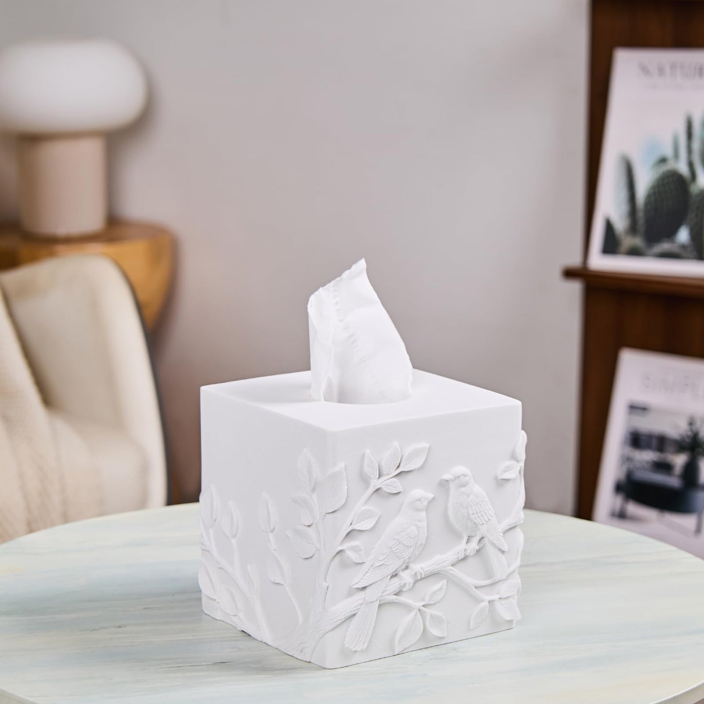 White Marble Relief Birds Square Tissue Box Cover Decorative,Resin Heavy Sturdy Tissue Box Holder, Facial Paper Holder for Bathroom Vanity Countertop, Bedroom Night Stand,Office and End Table
