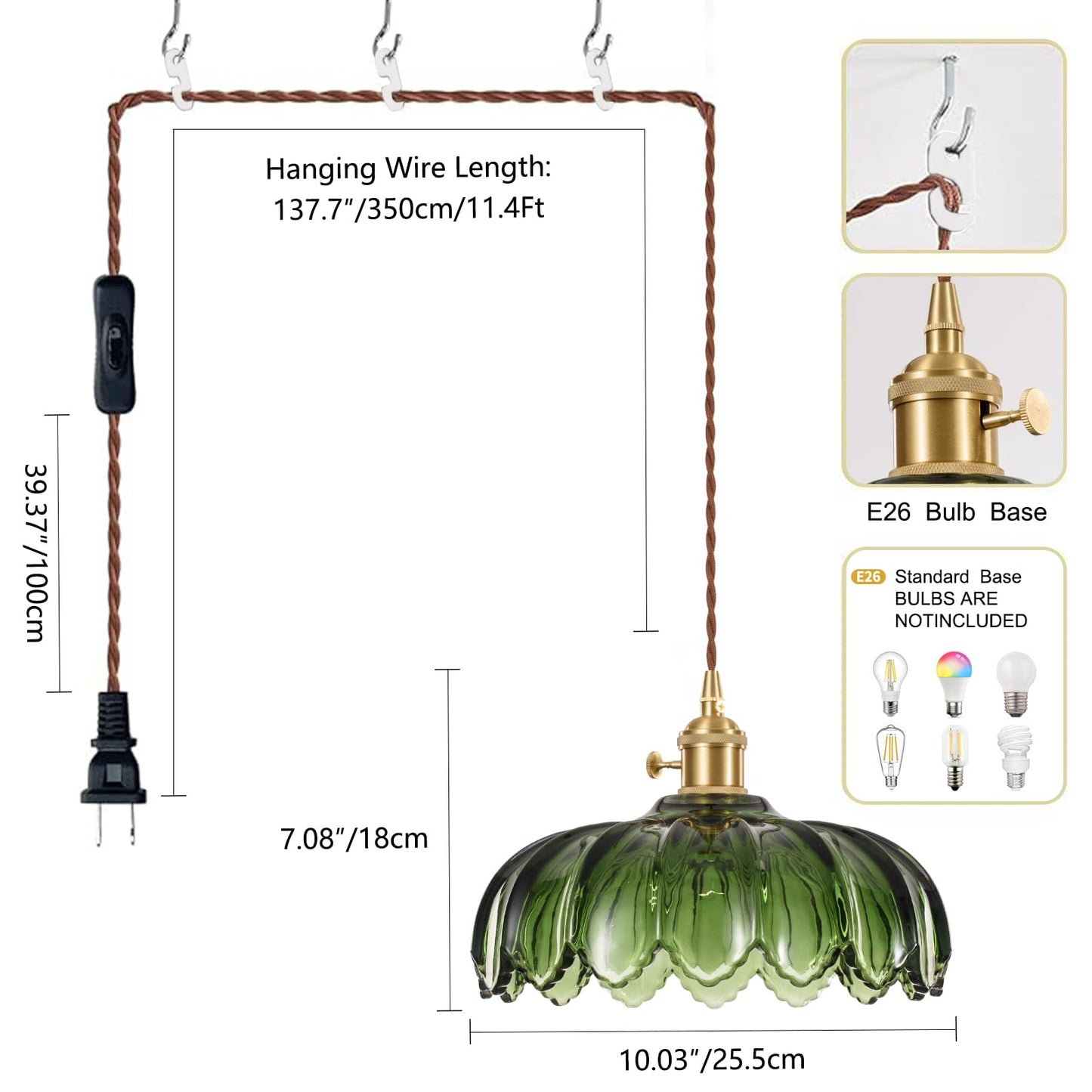 XZHGCEE Plug in Pendant Light Fixtures: Hanging Light Plug in Green Glass Hanging Lamp, Pendant Lighting for Kitchen Island, Bedroom, Dining Room, Living Room, E26 No Bulb