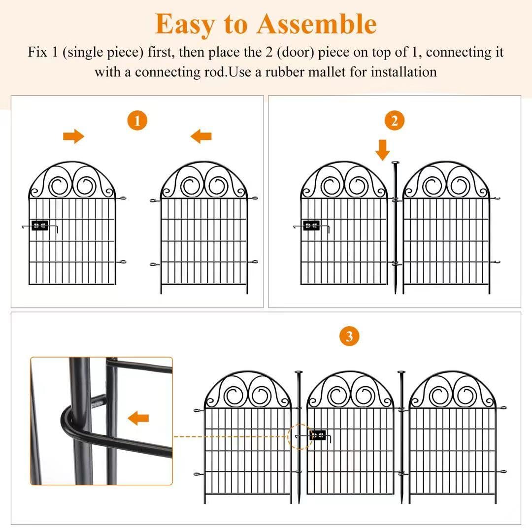 Getlay Tall Garden Animal Barrier Fence With Gate, 40 in(H)×27 in(L) 8 Panels Dog Digging Fences Barrier, Black Metal Temporary Fencing, Reusable Defense Fence For Outdoor Yard. Total 17.5 Ft│Patented