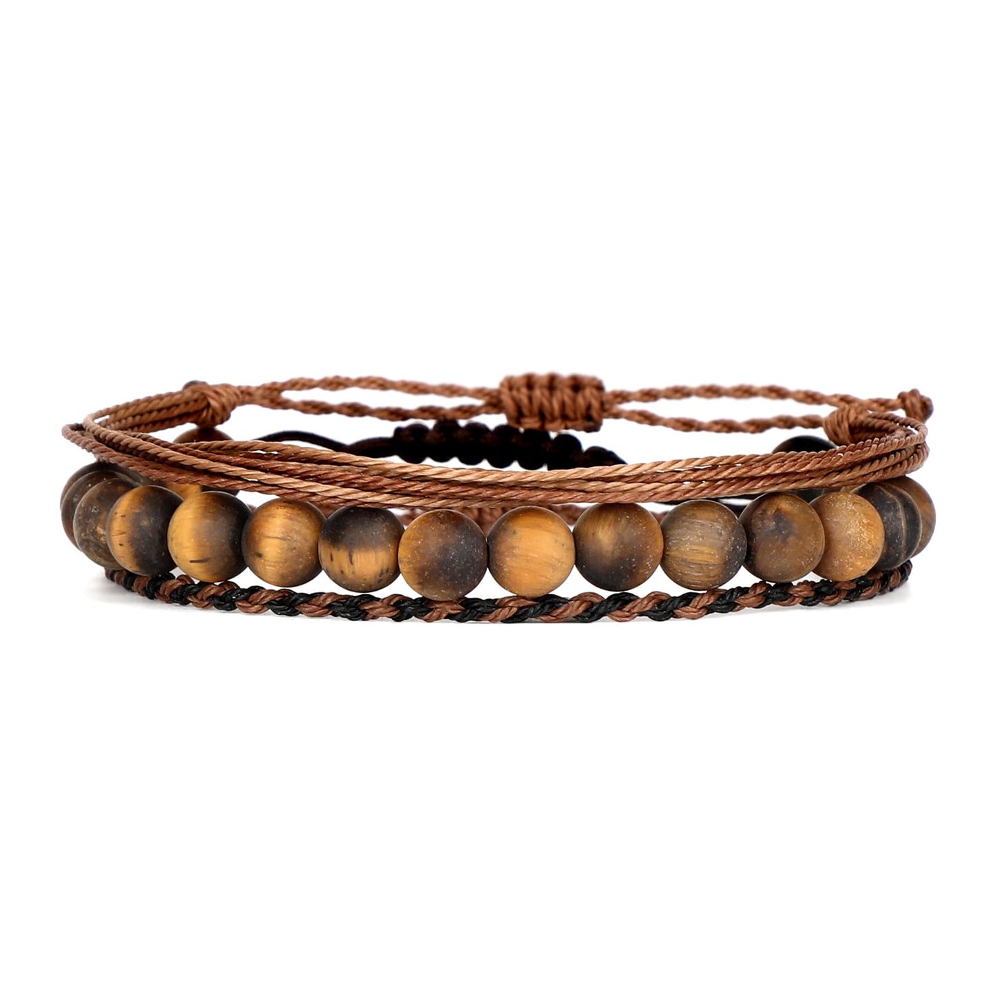 QOGIR Handmade Healing Bracelets,8mm Natural Matte Yellow Tiger Eye Gem Stone Beads Bracelet, for Men Women Gifts with 2PCS Size Adjustable Rope Bracelets