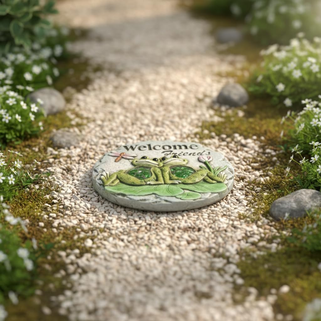 Comfy Hour 10" Frog Garden Stepping Stone, Welcome Friends Concrete Decorative Plaque, Artisan Crafted Walkway Accent for Outdoor Patio & Lawn, Green & Grey, 1 Unit