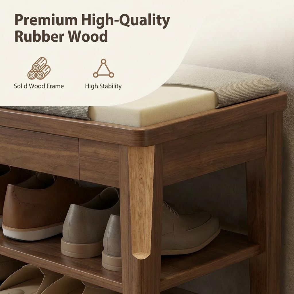 YQJJGL Shoe Bench with Storage, Wooden Shoe Storage Bench with Cushion&Hidden Drawer, 2-Tier Shoe Rack Bench for Entryway, Mudroom, Hallway