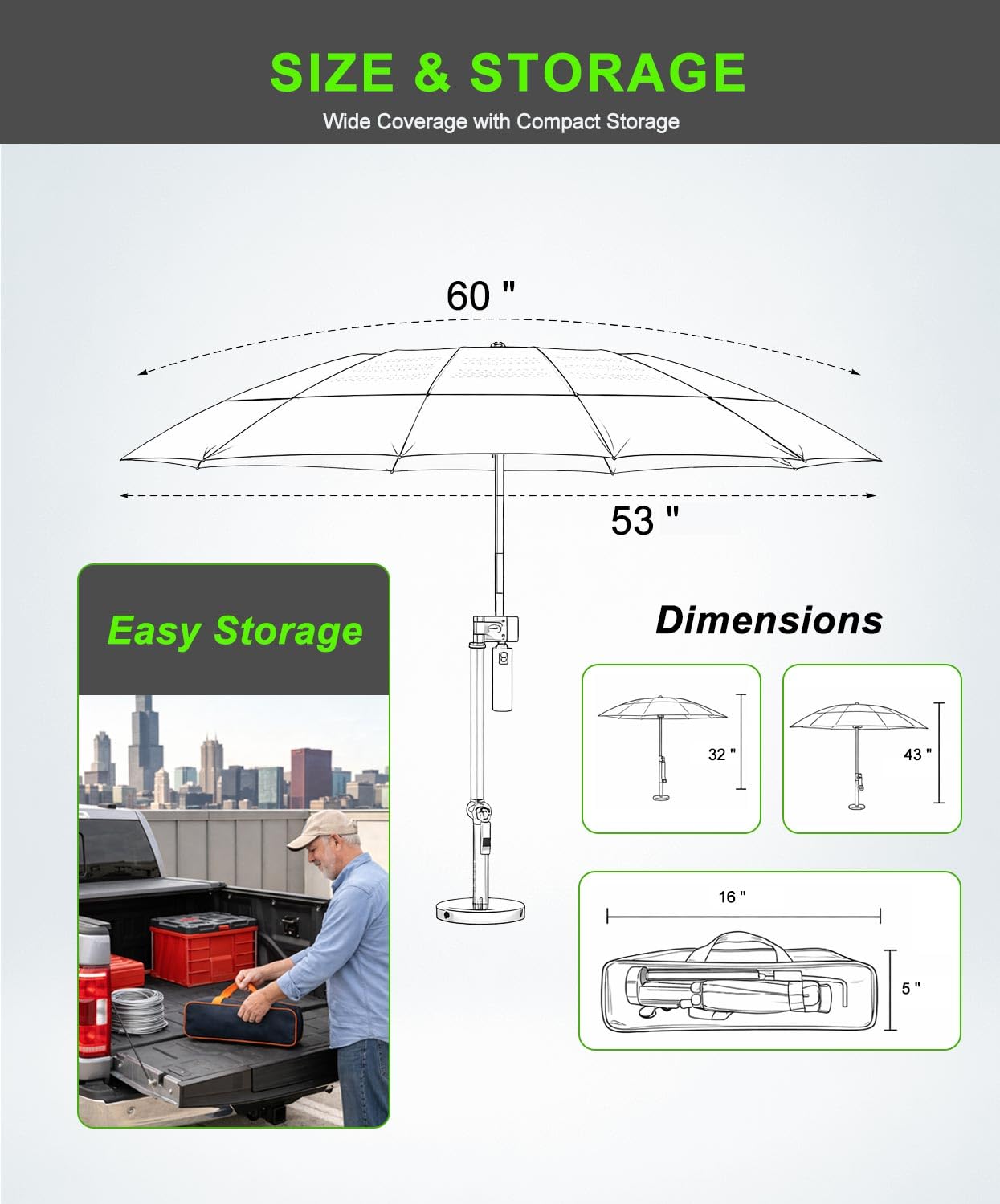 Sexlieu Magnetic Umbrella with Base Kit, Folding HVAC Umbrella with Magnetic Base & Clamp, Stay Cool and Dry for Rooftop & Construction(60in-Sky Blue)